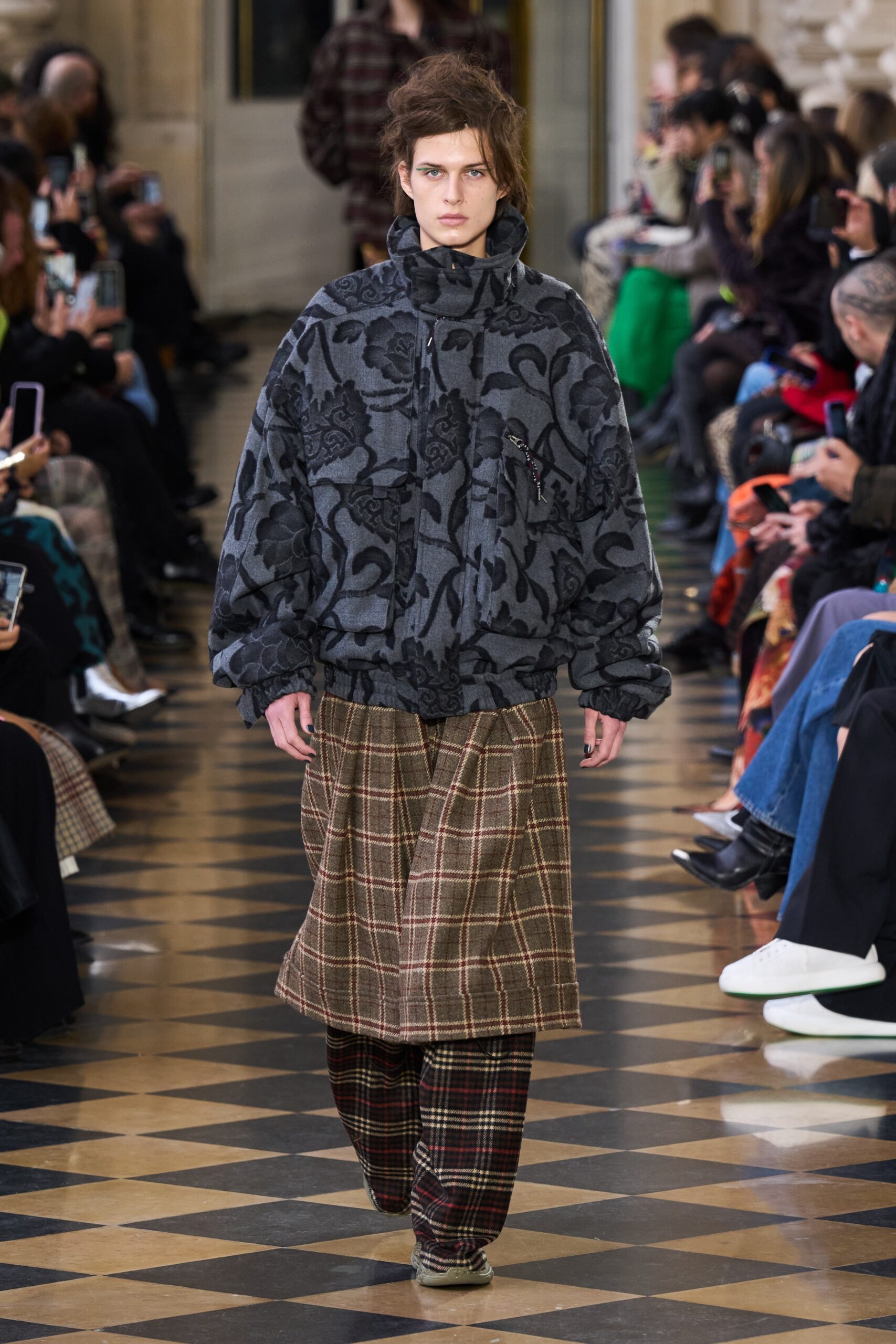 oversized black jacket with plaid pants