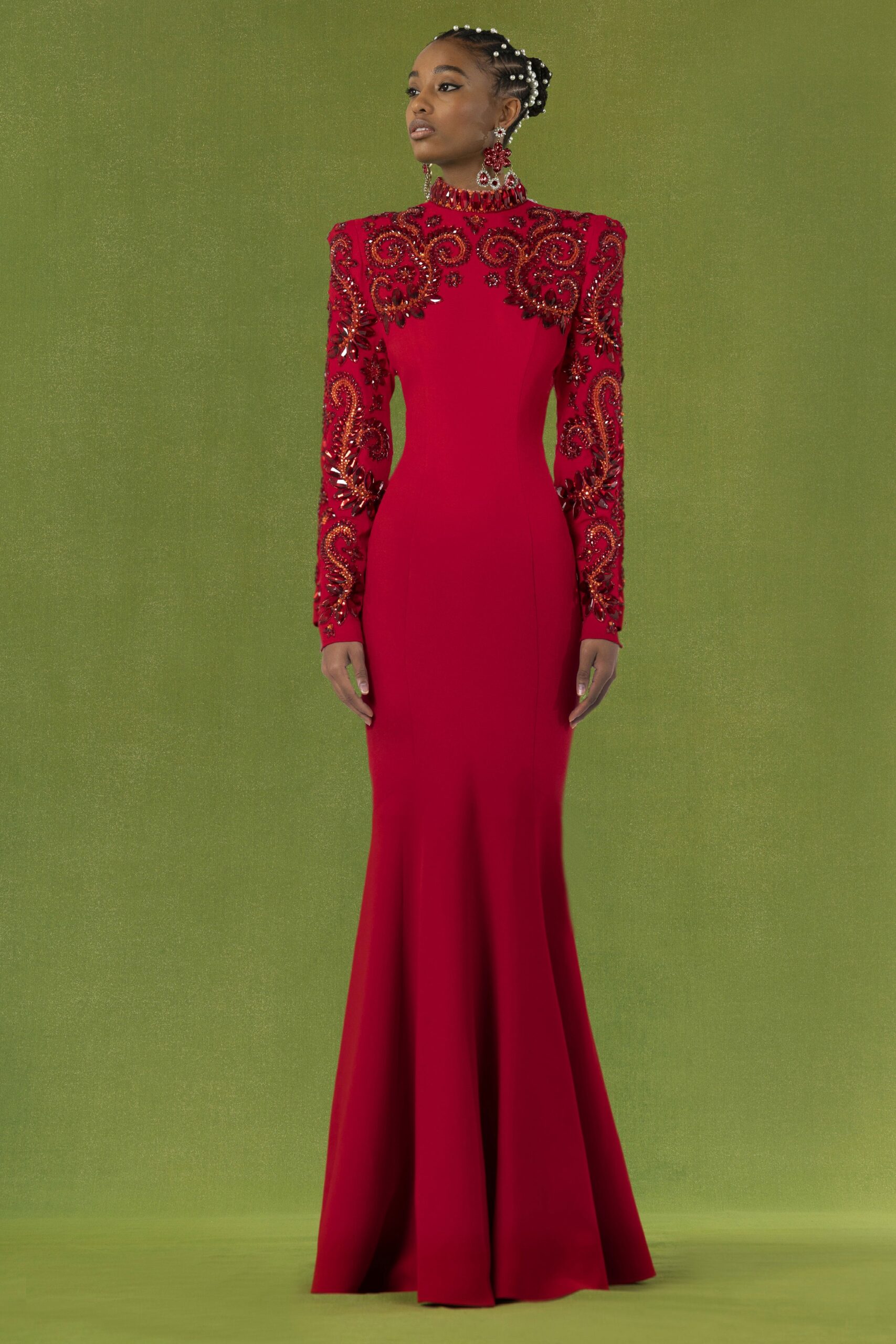 red embellished long-sleeve gown