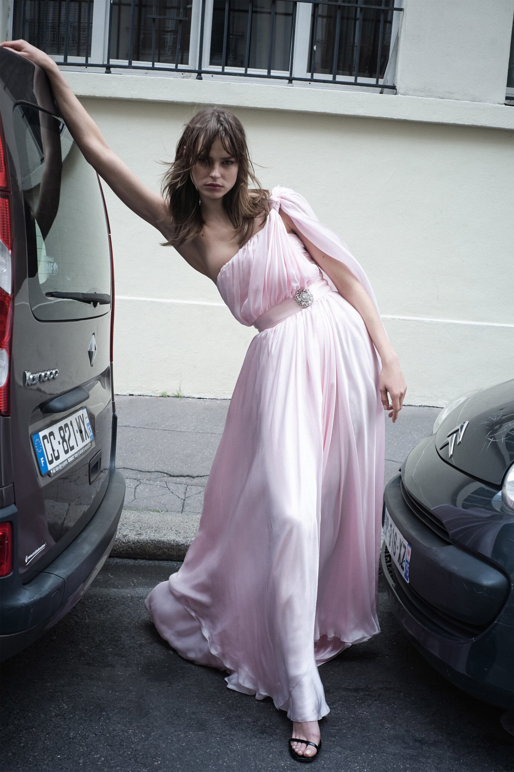 pink silk one-shoulder gown