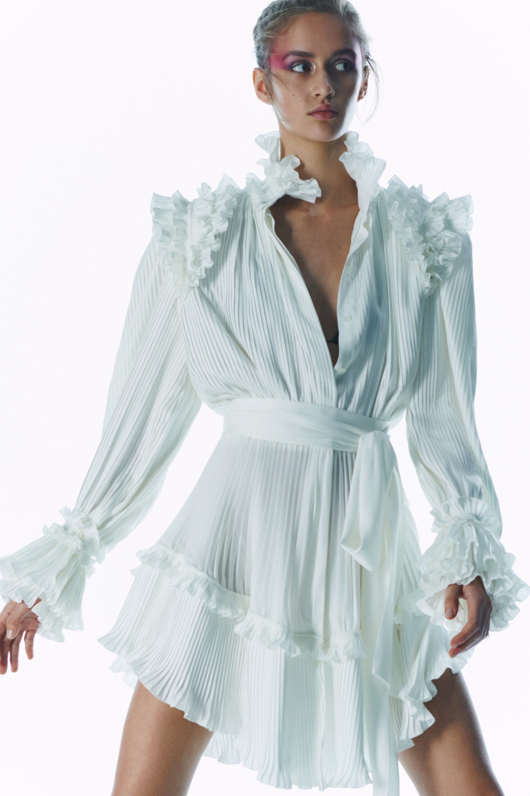 white pleated ruffled dress