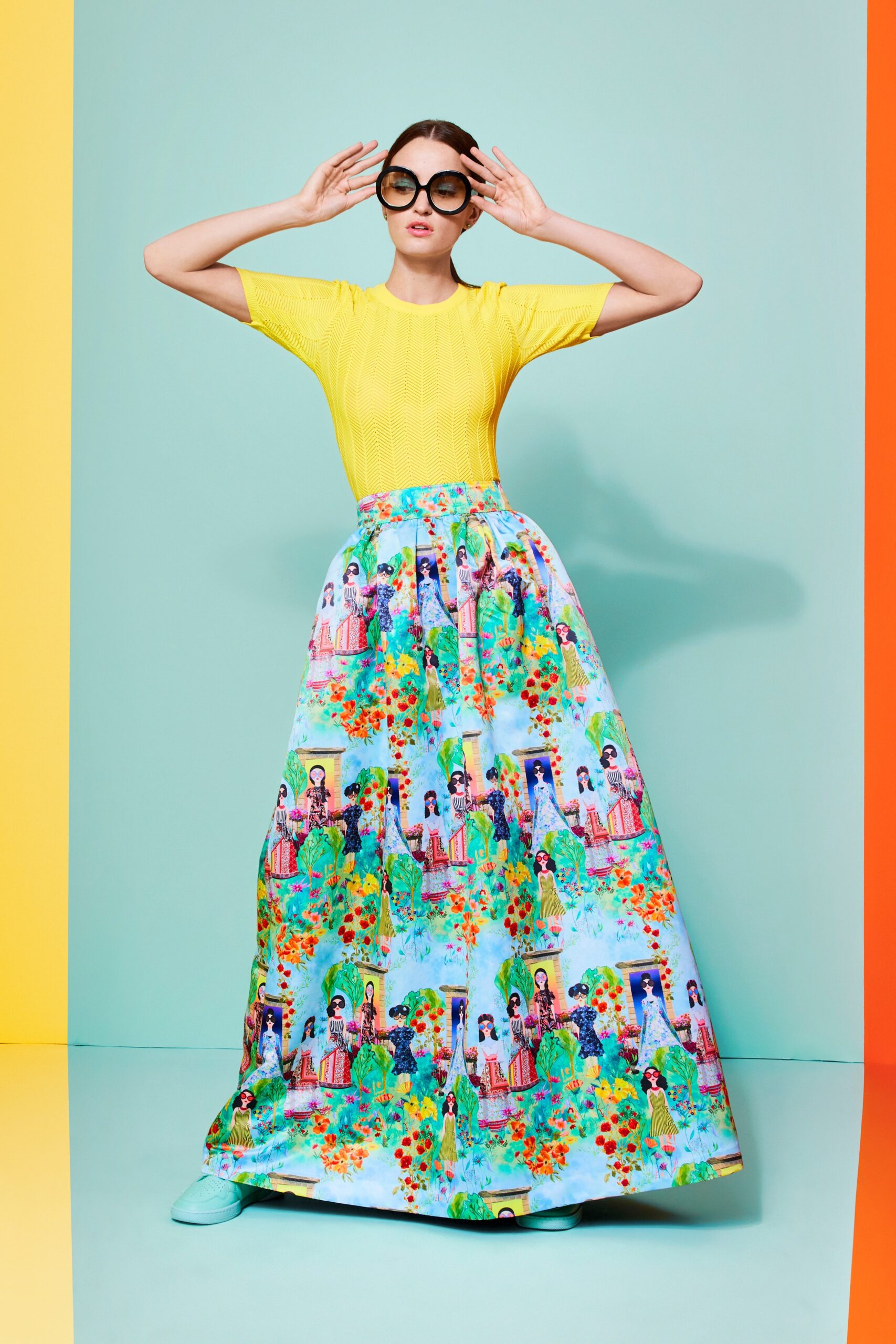 yellow fitted top with multi-colored skirt