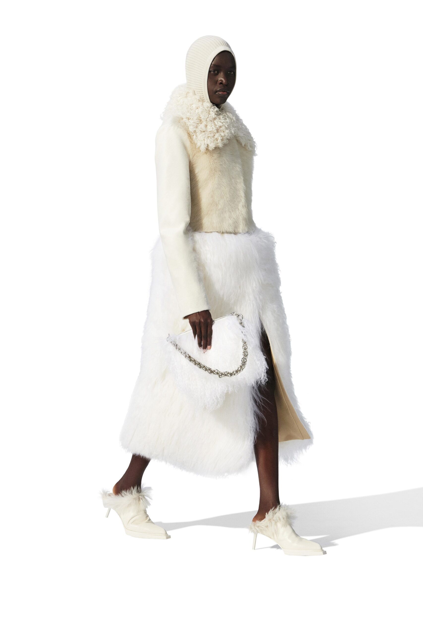 white fur sleeveless v-neck fitted a-line midi dress