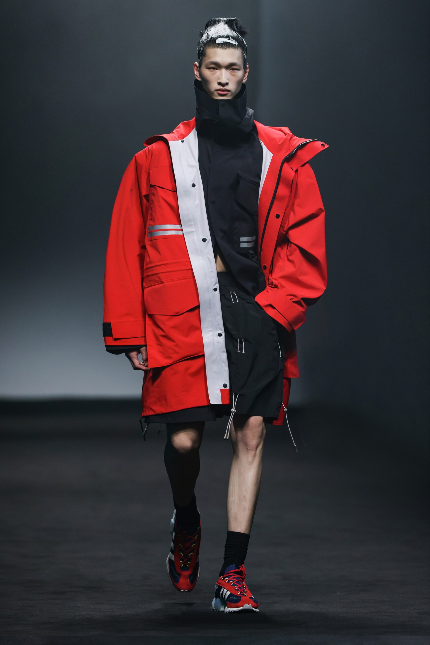 oversized red jacket with black top