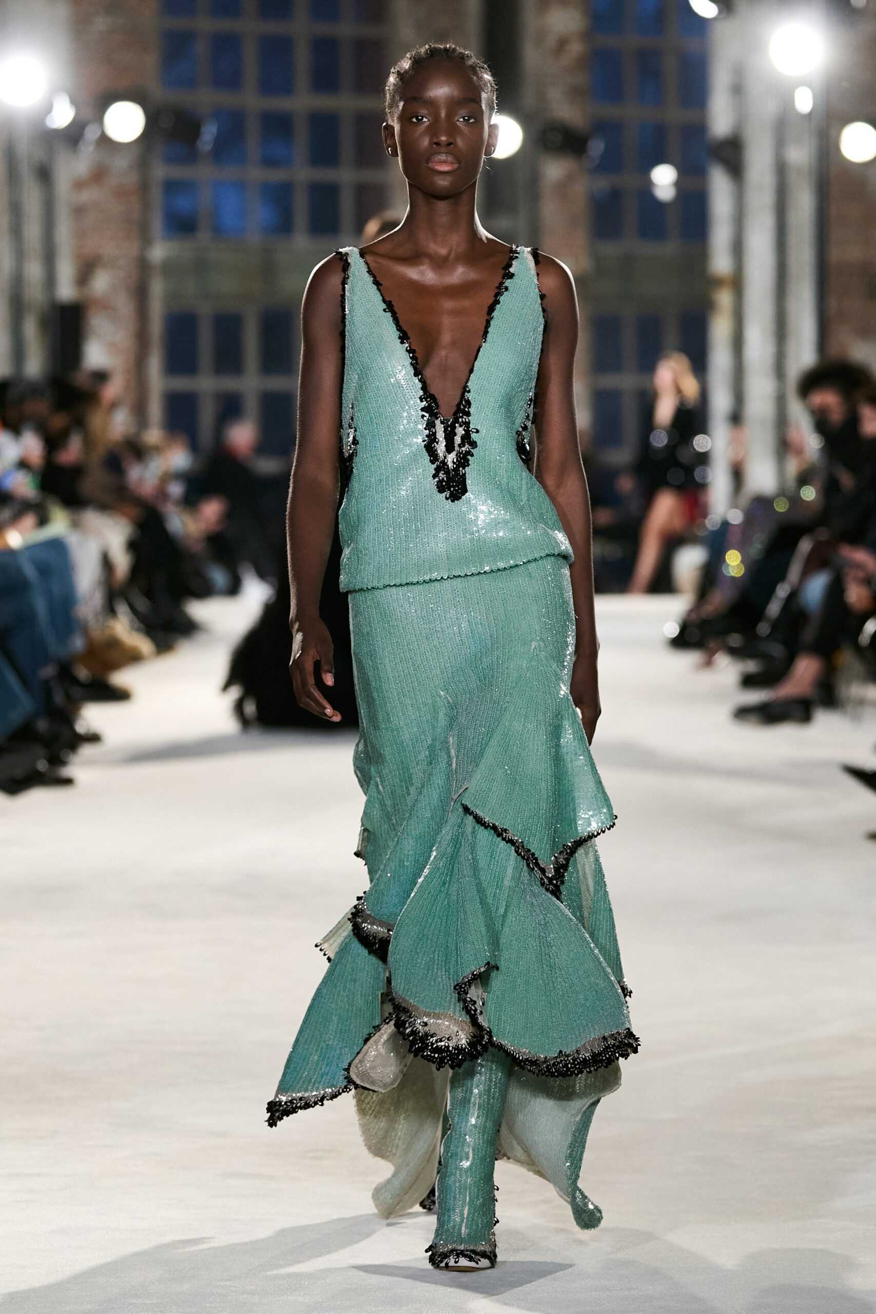 fitted green silk ruffled dress
