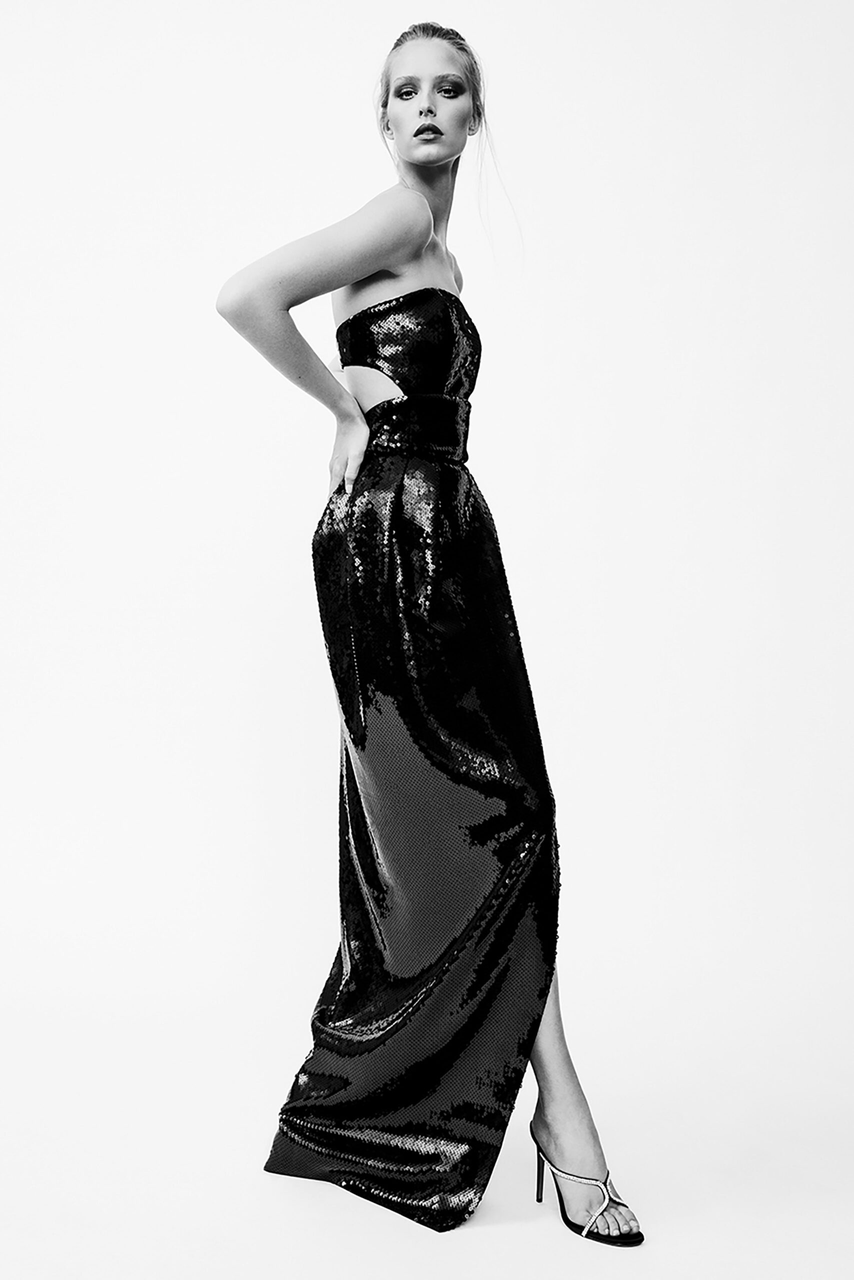 black sequin strapless gown