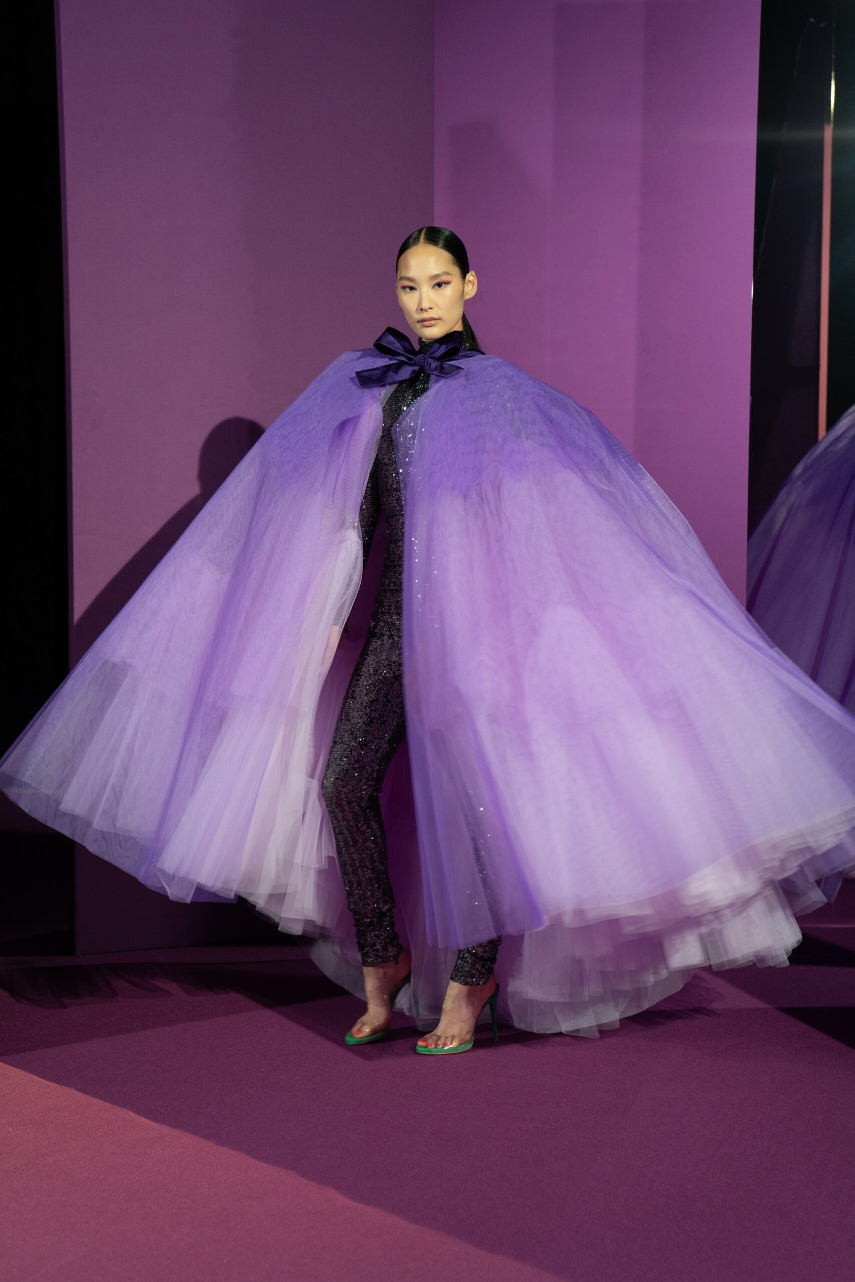 purple tulle sleeveless oversized layered flowing cape