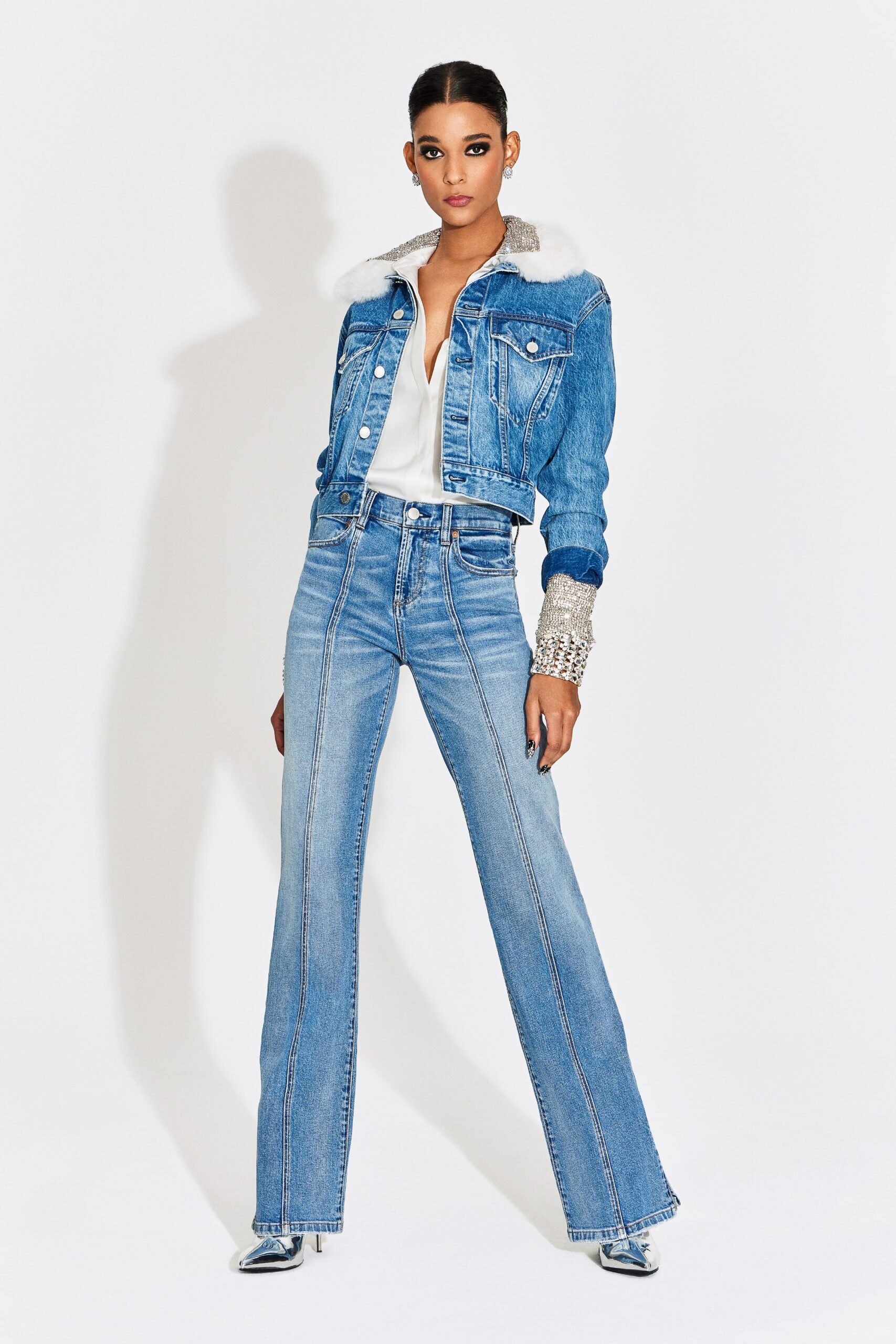 blue denim long-sleeve collared fitted buttoned jacket