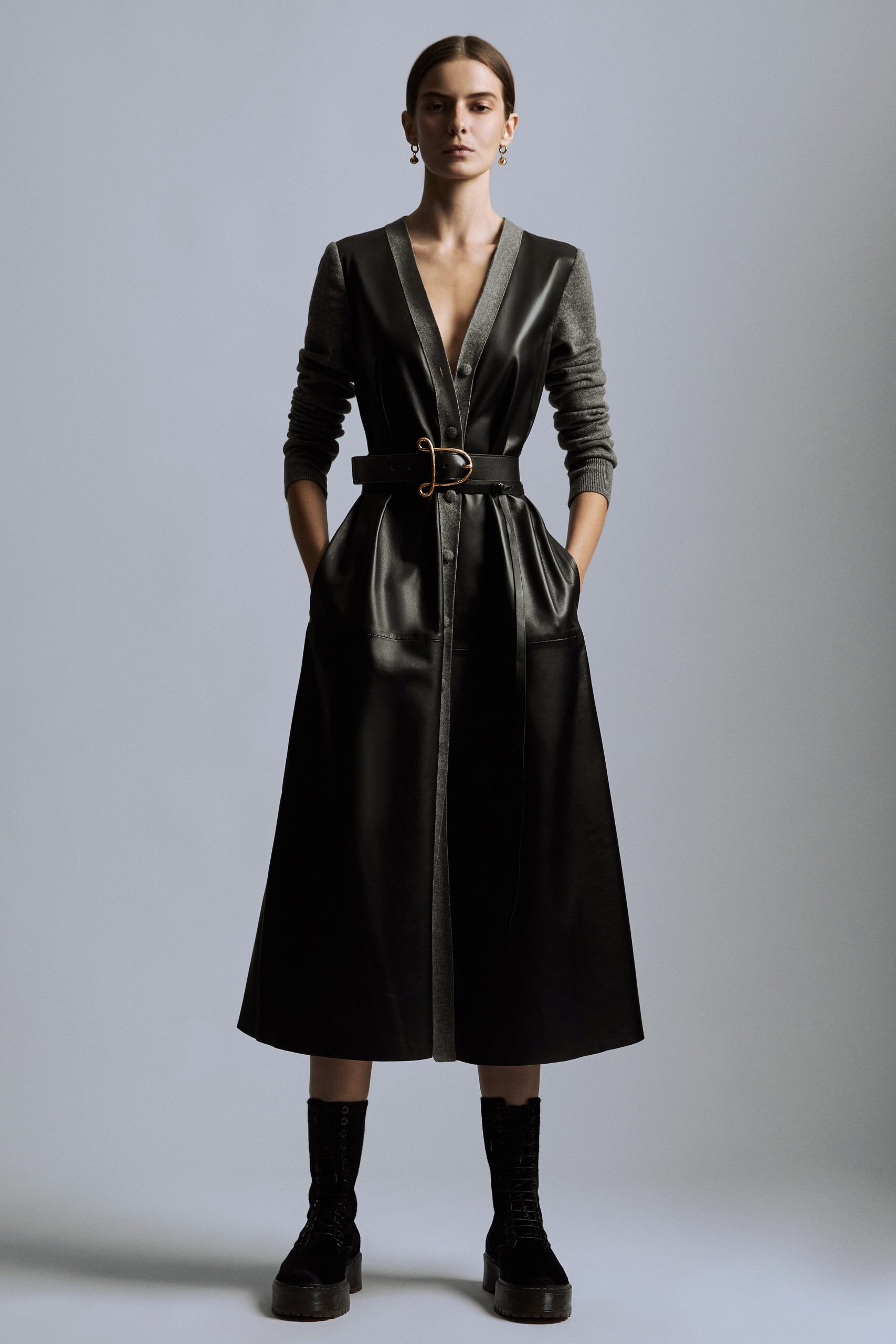 black leather belted midi dress