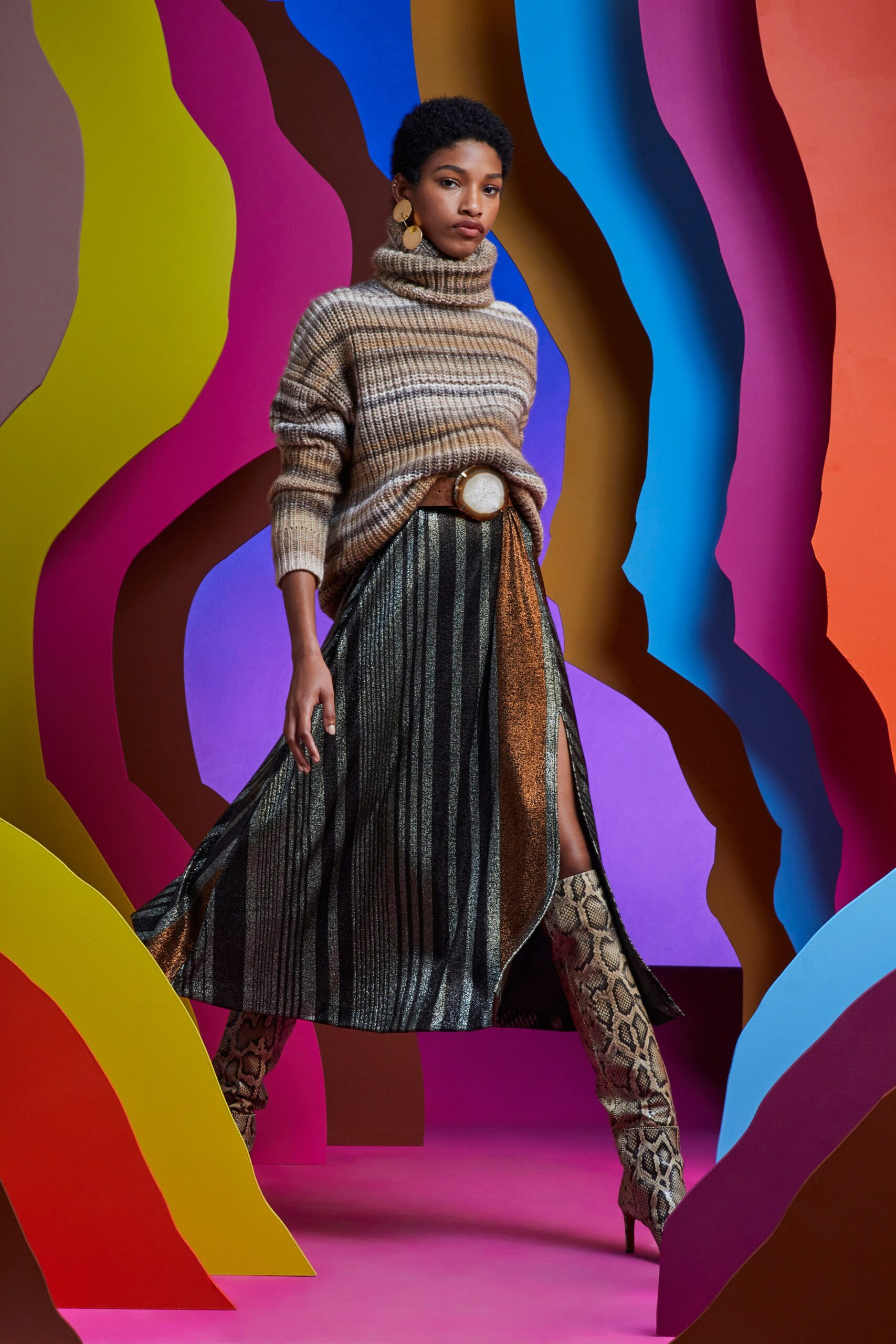 beige wool turtleneck sweater with pleated skirt