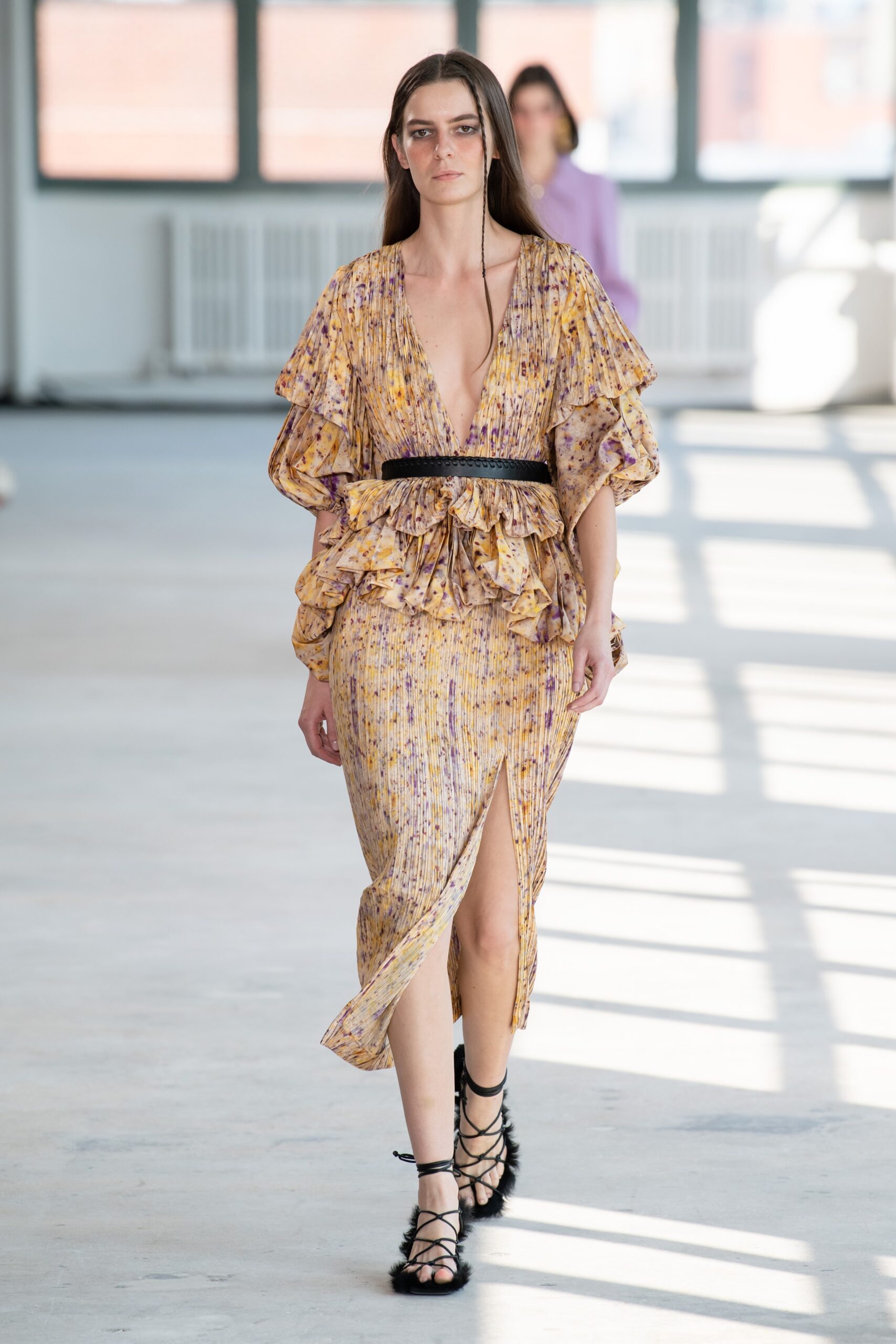 yellow purple ruffled midi dress