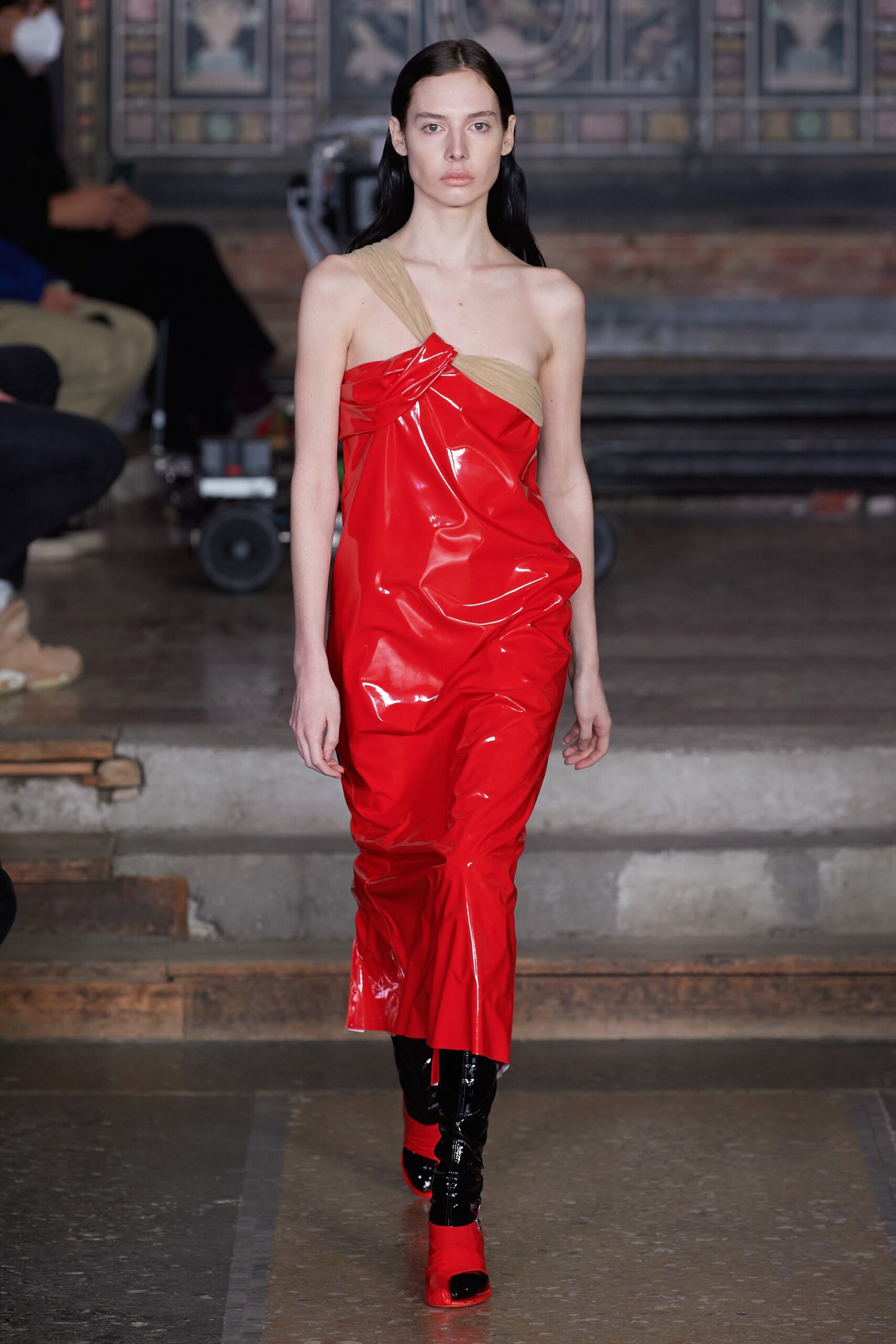 red vinyl sleeveless asymmetric fitted draped shiny dress