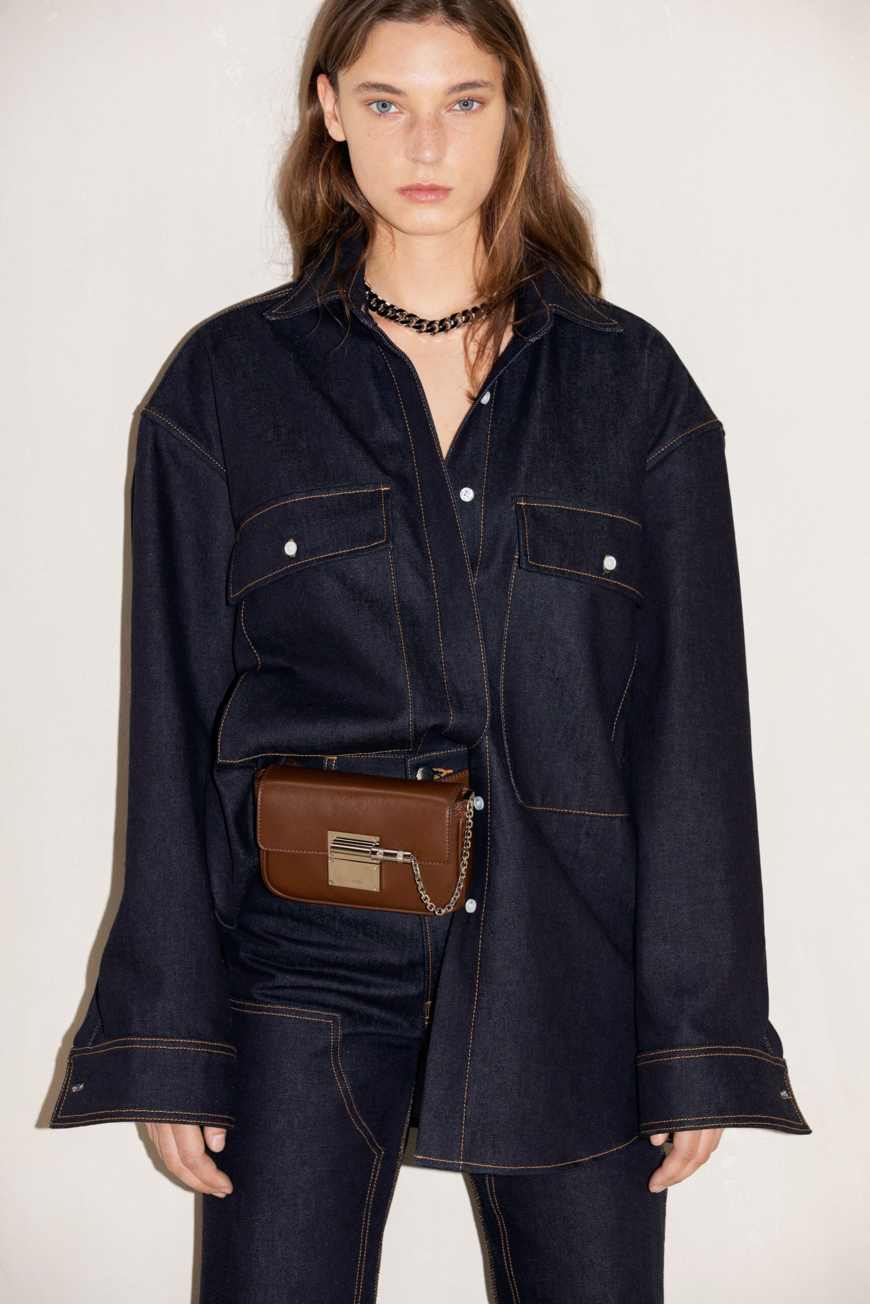 oversized denim shirt with relaxed pants