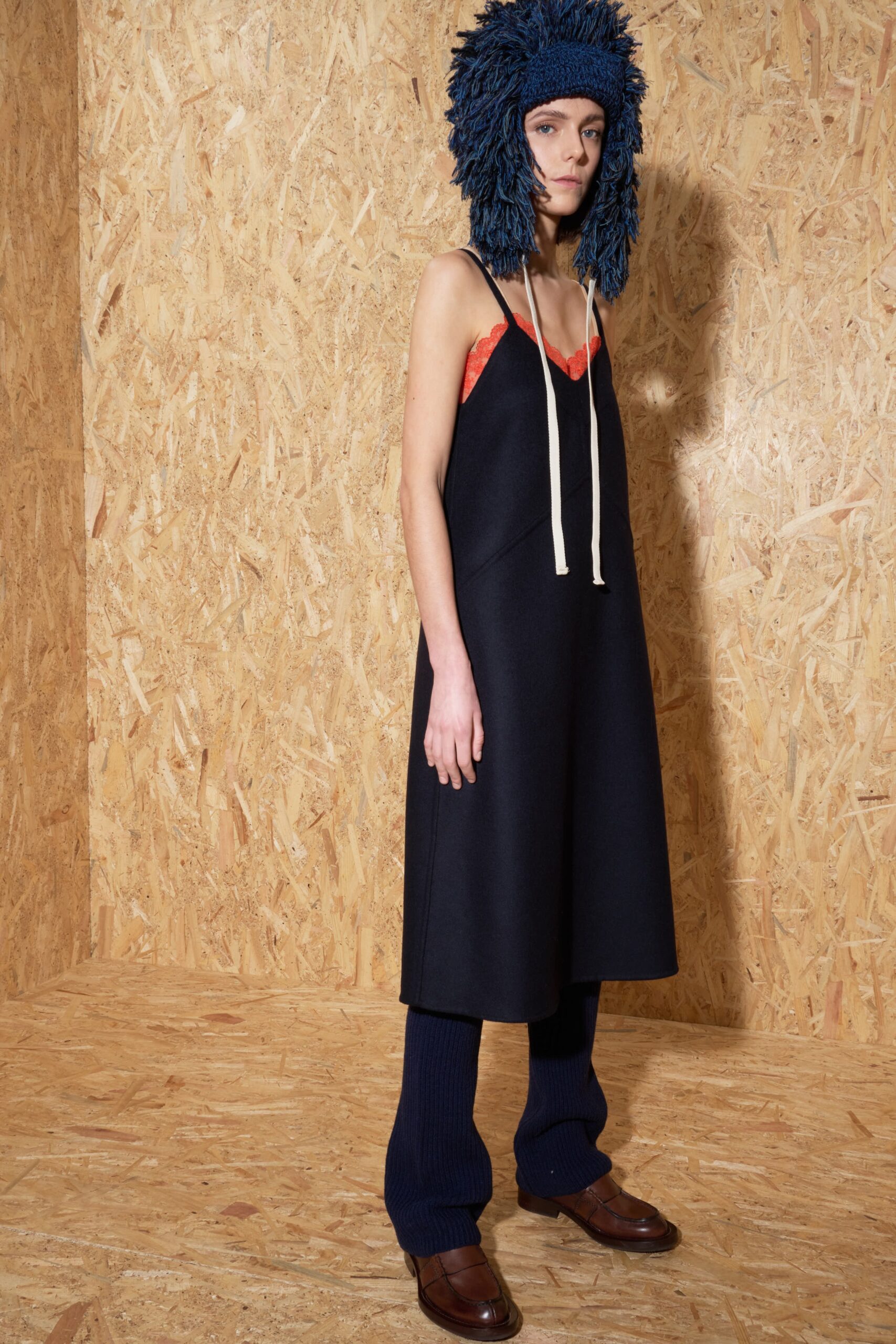 black wool midi dress with knit pants