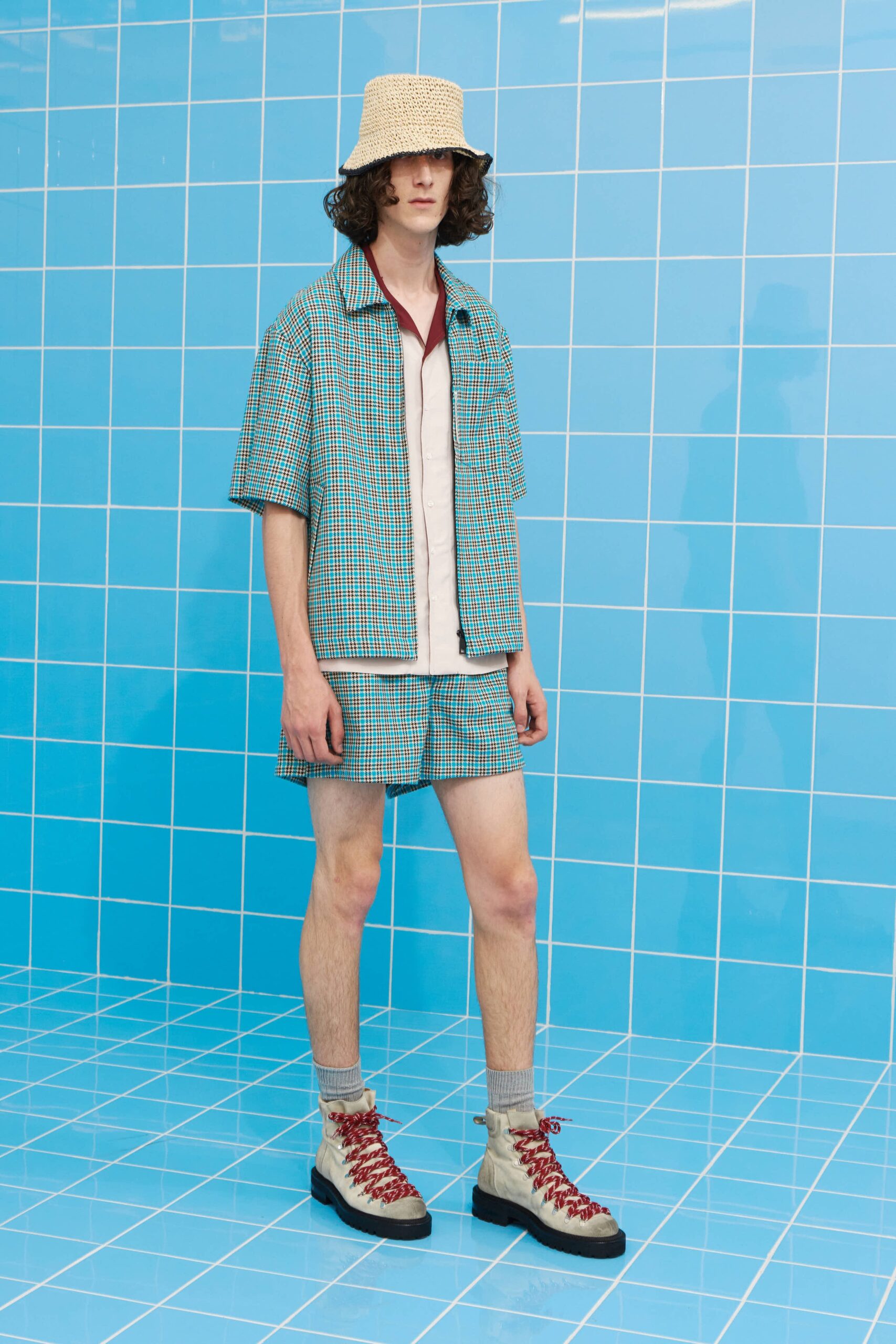 blue checked shirt and shorts