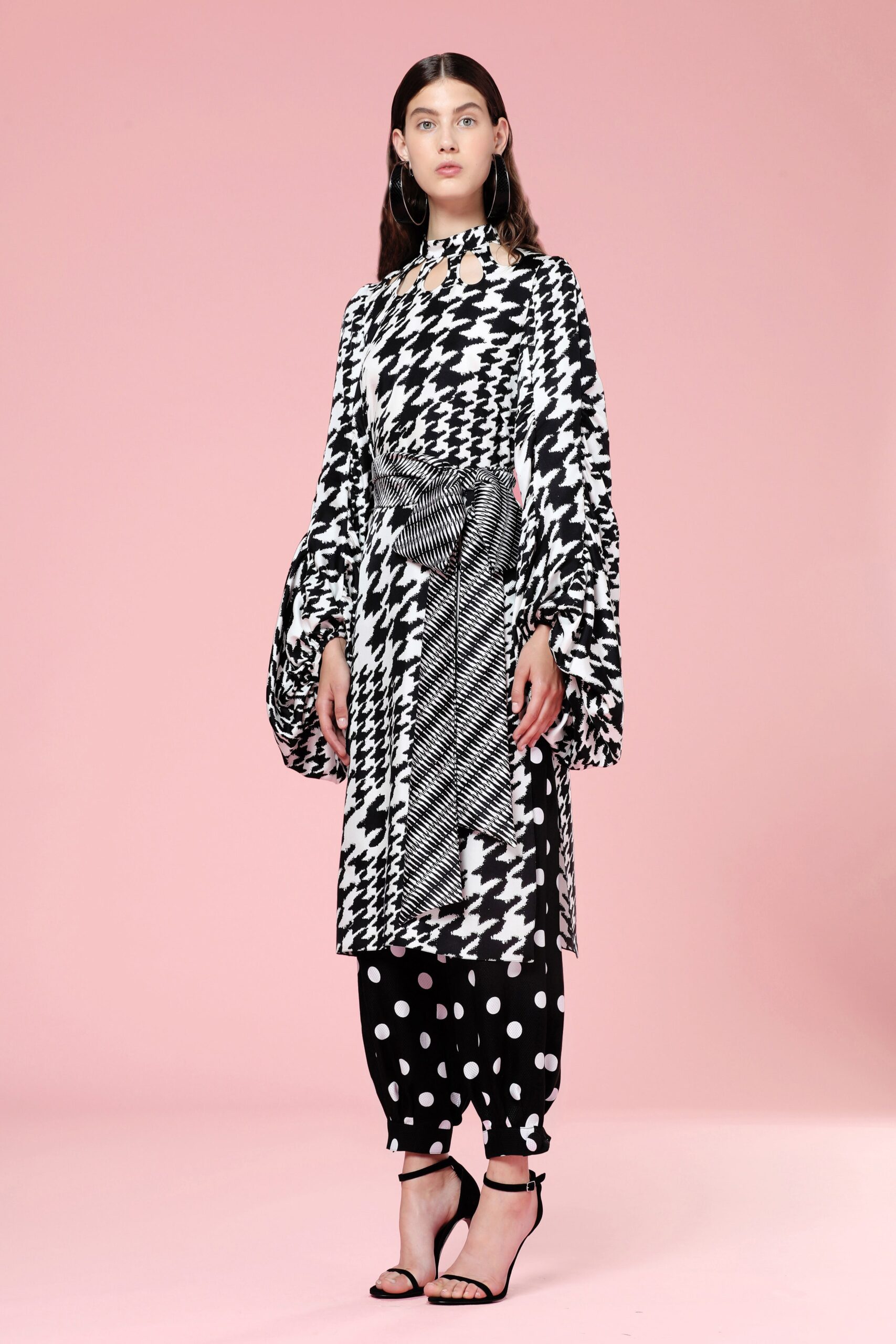 black cotton long-sleeve collared relaxed printed layered dress
