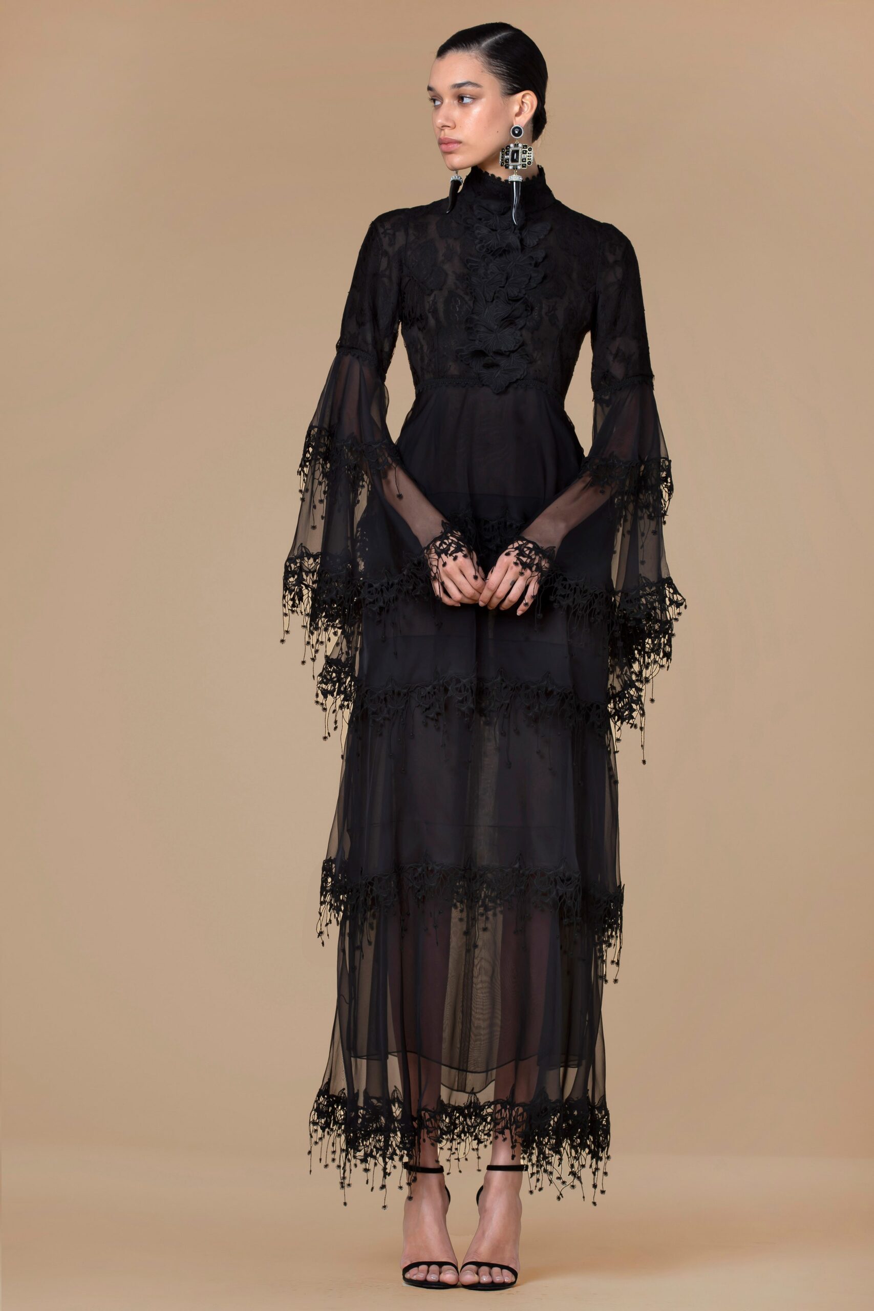 black silk tiered maxi dress