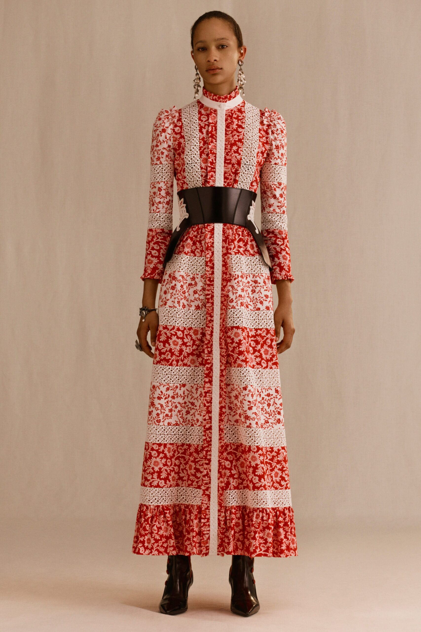 red long-sleeve high-neck fitted flared printed maxi dress