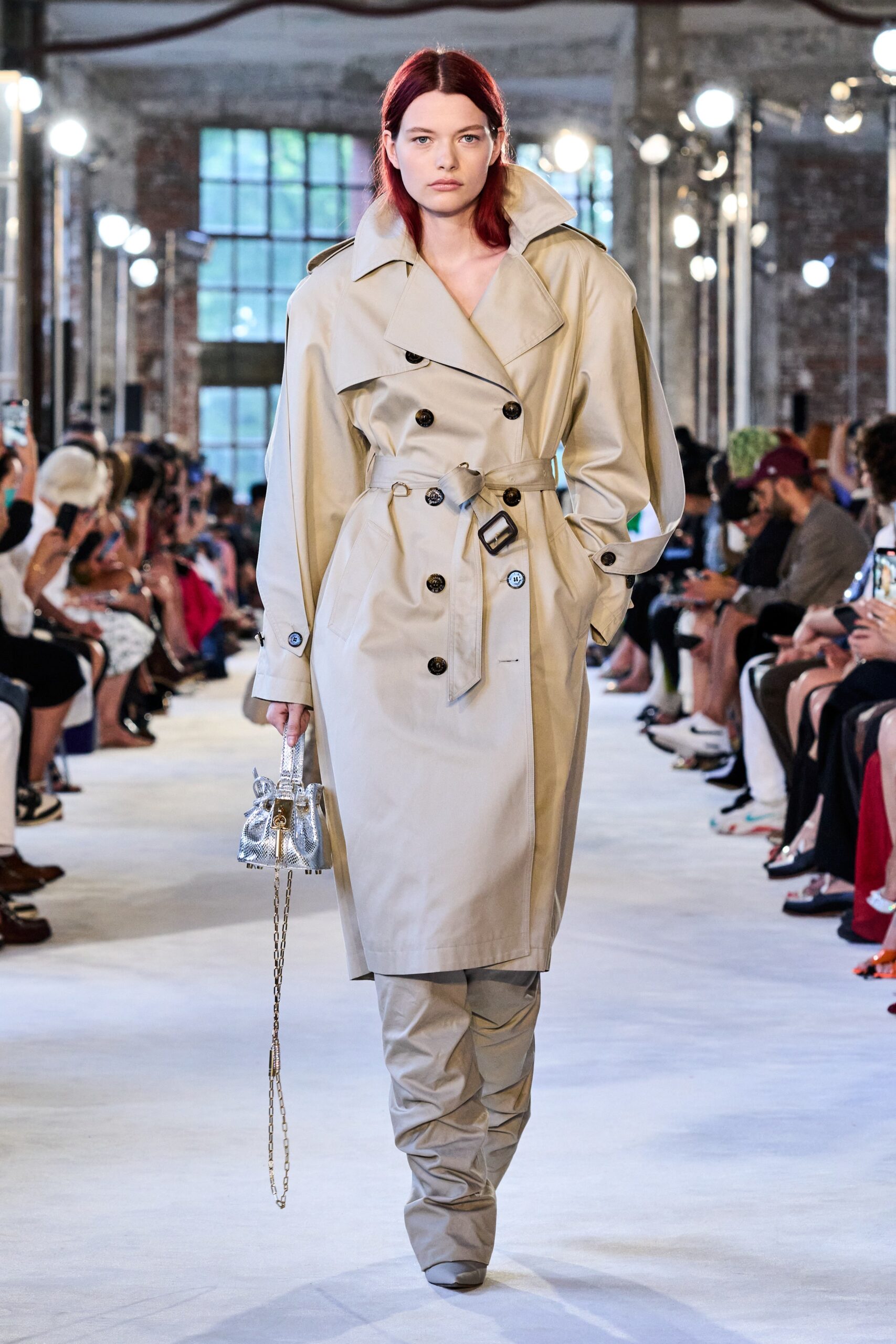 beige trench coat with fitted pants
