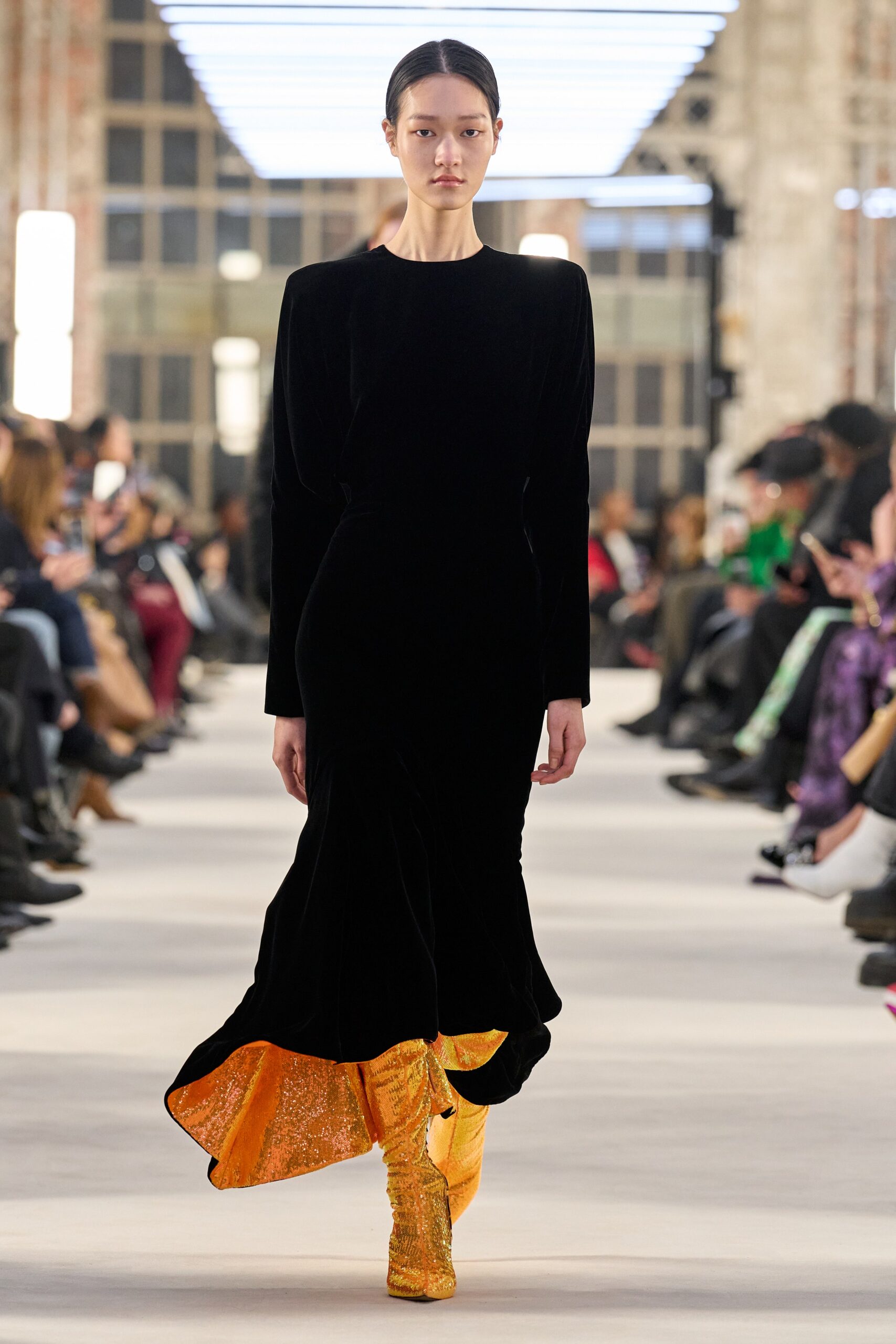 black velvet long-sleeve high-neck fitted flared midi dress