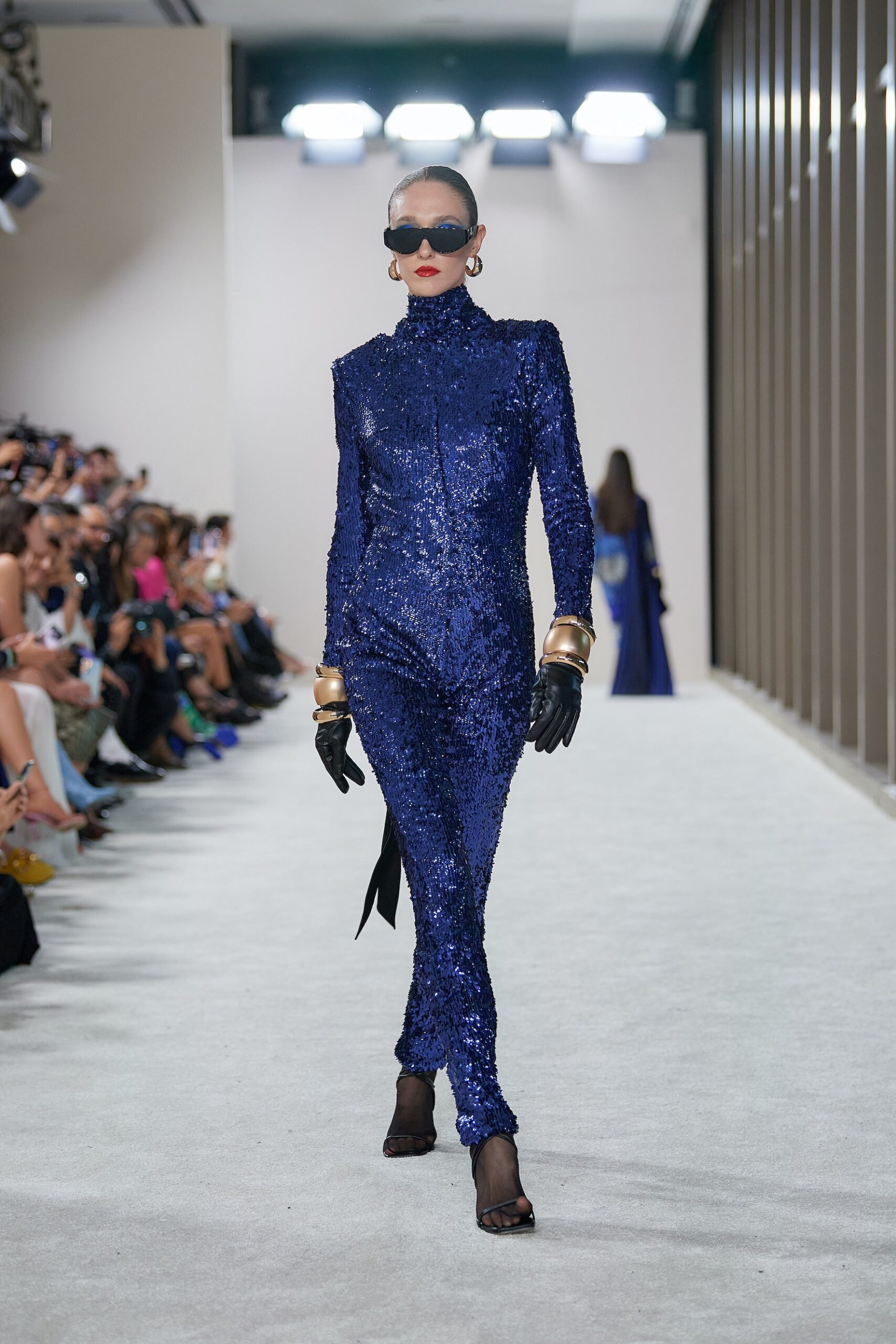 blue sequin fitted catsuit