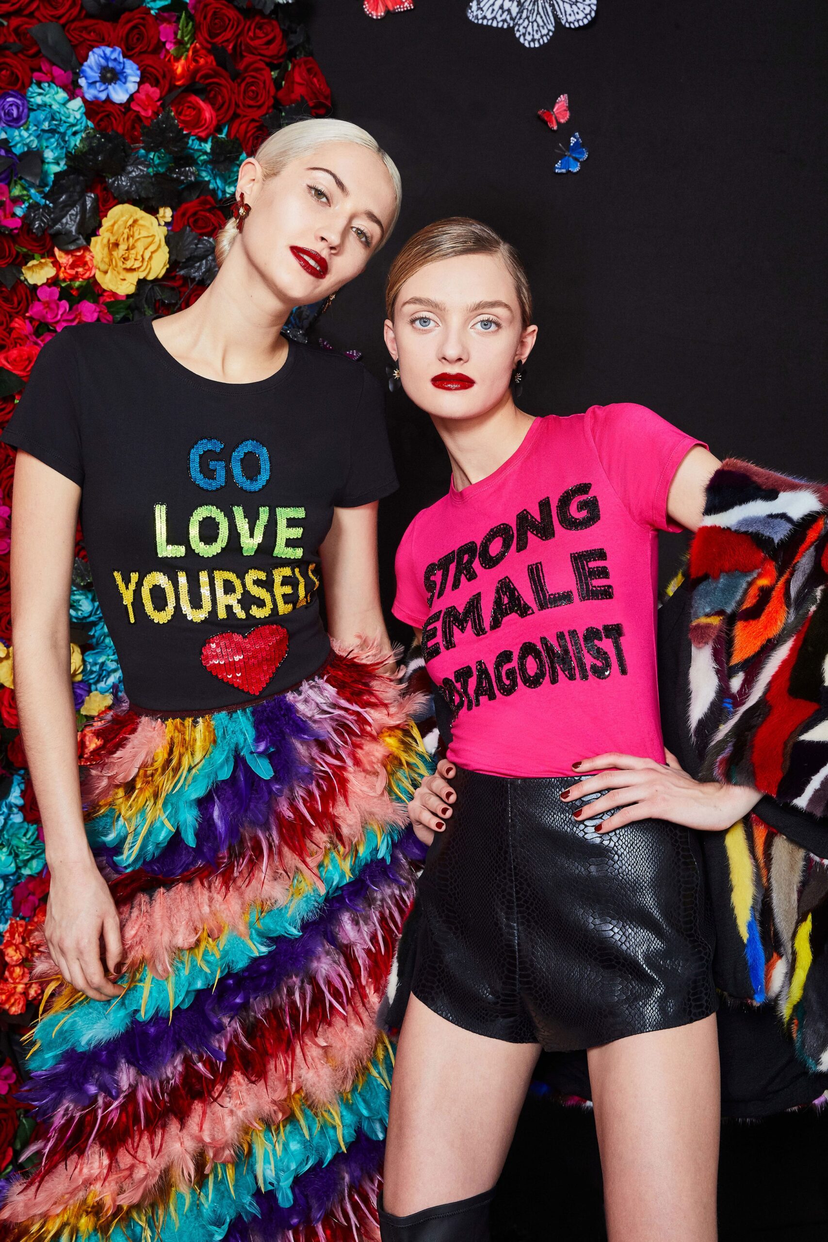 black and multi-colored fashion tops and skirt