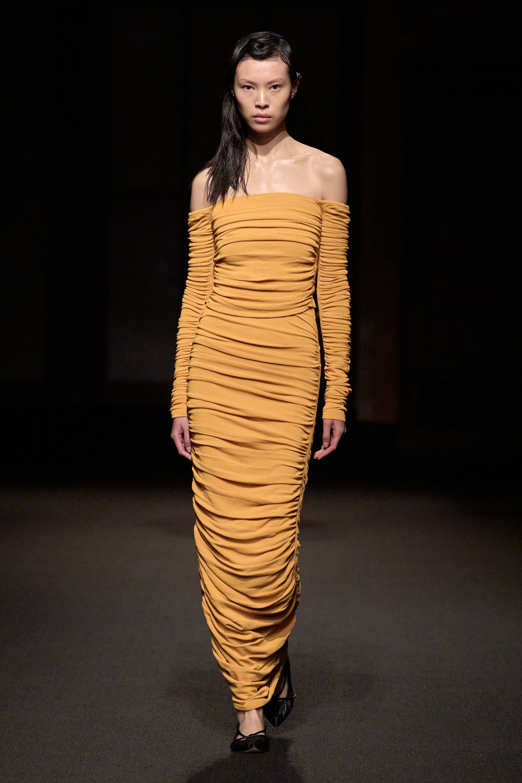 fitted off-shoulder yellow dress