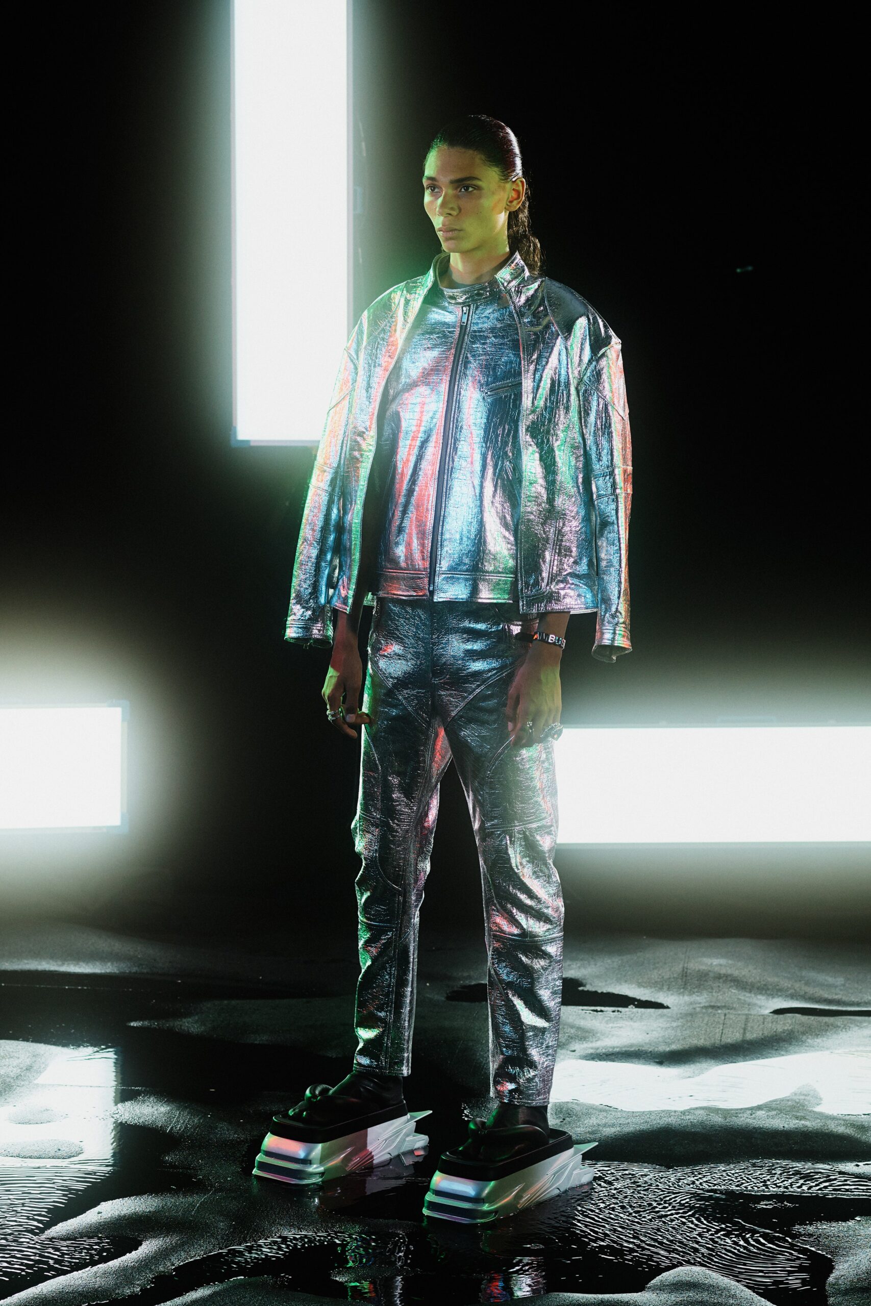gray metallic long-sleeve collared fitted zippered shiny jacket