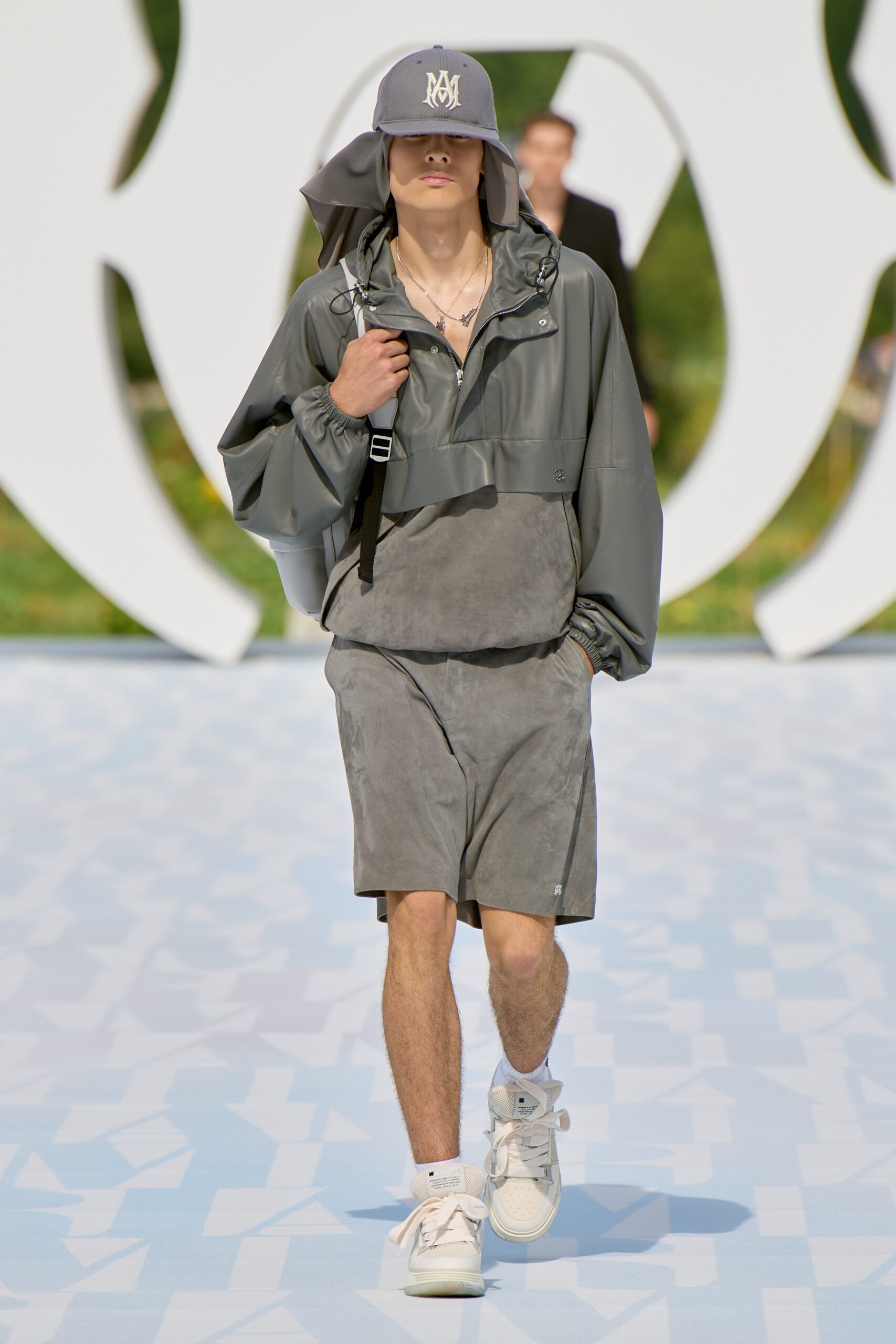 gray faux-fur hoodie and shorts