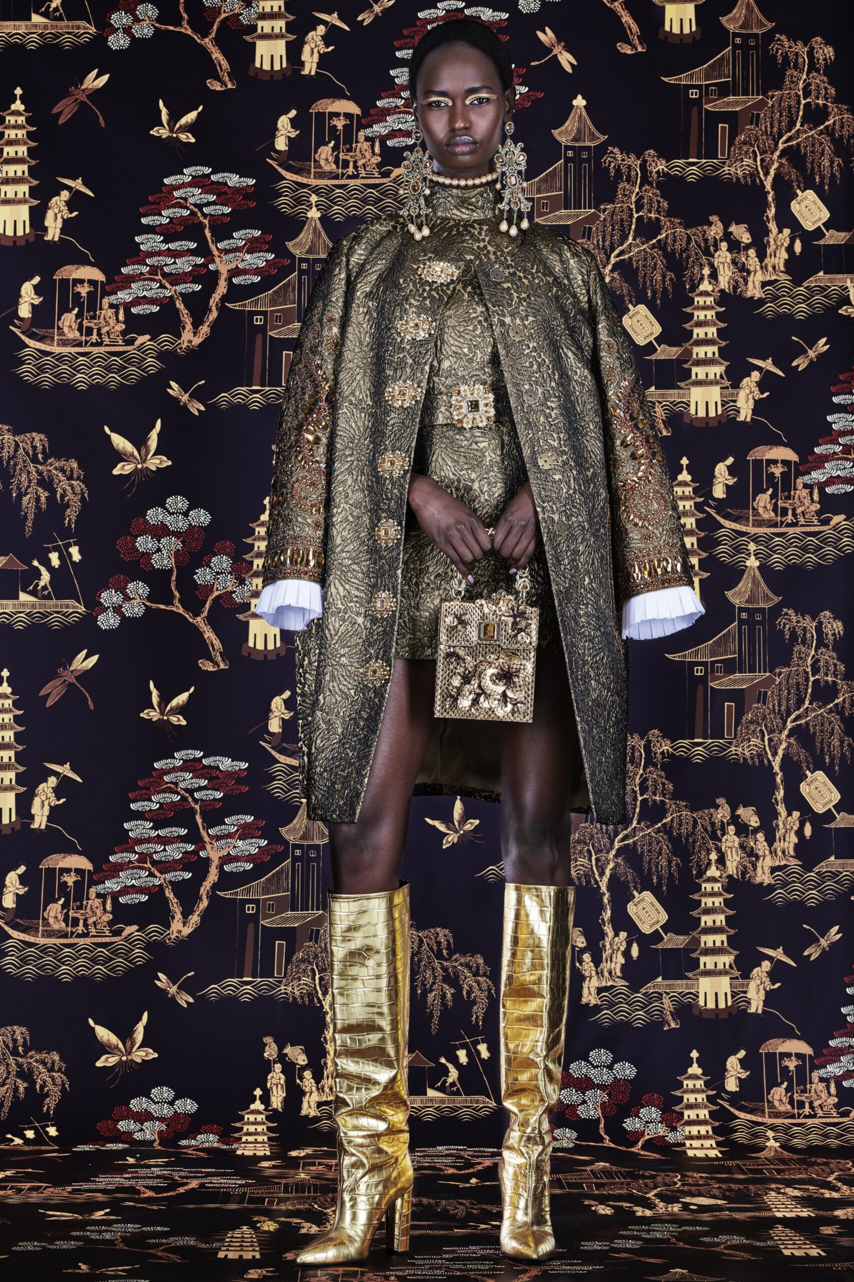 gold oversized coat and fitted dress