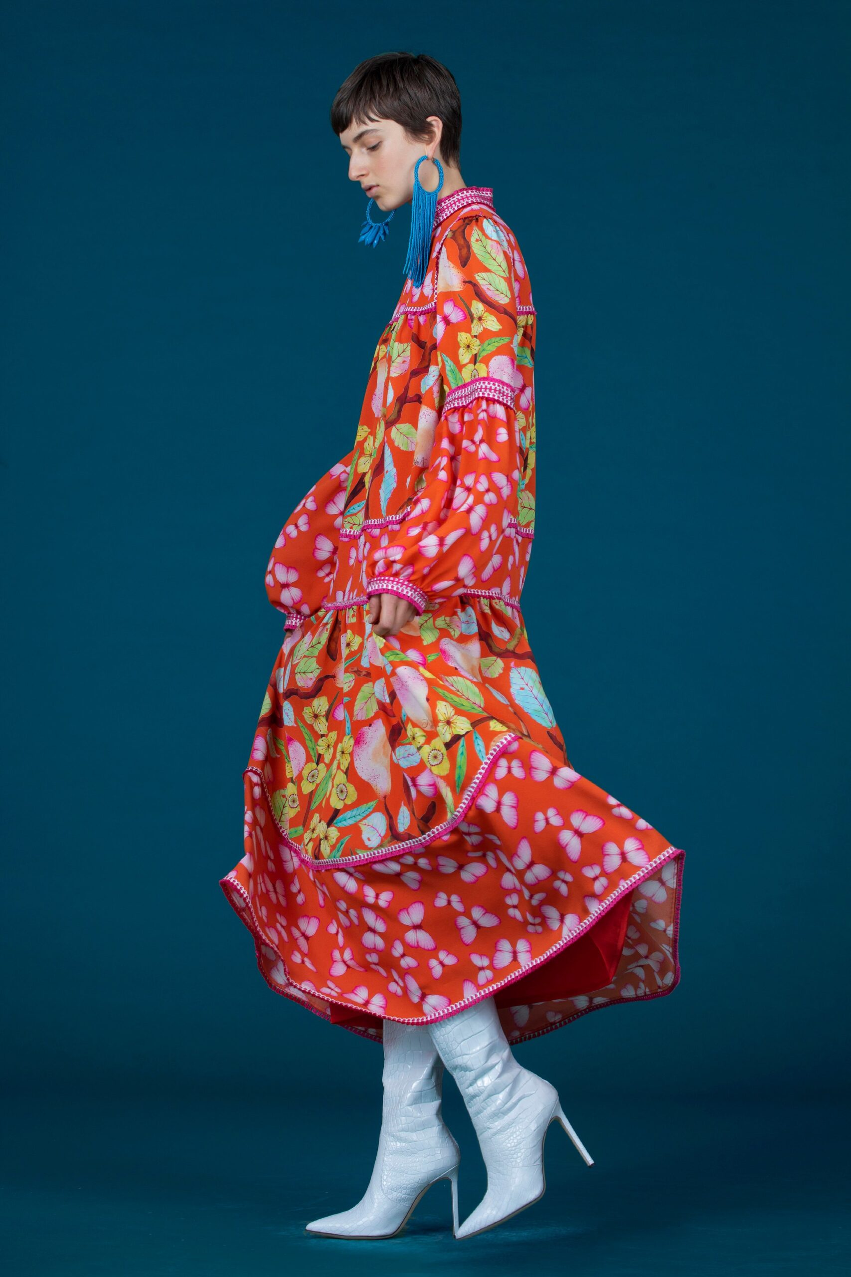 red silk long-sleeve collared relaxed flared printed dress