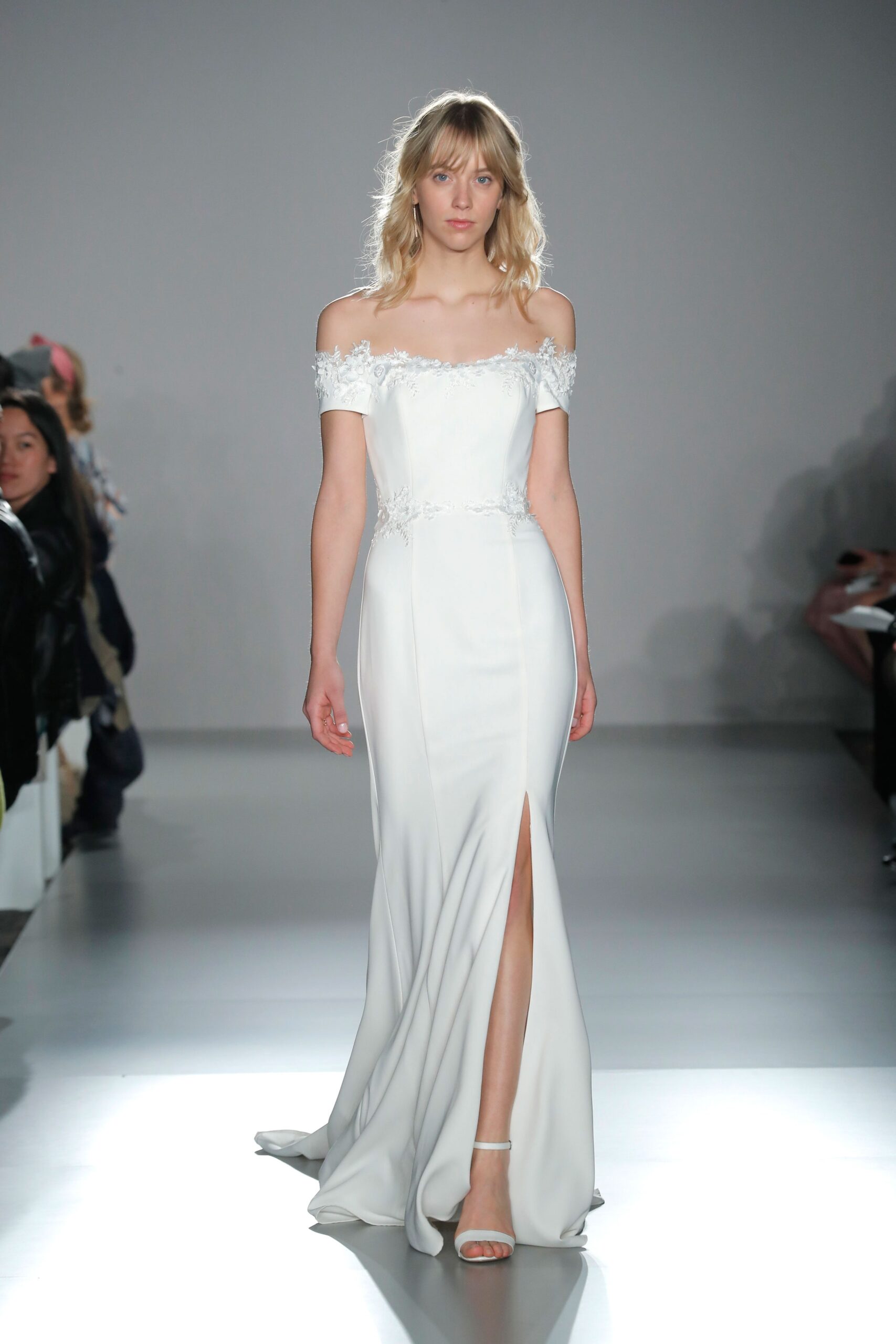 white silk off-shoulder gown