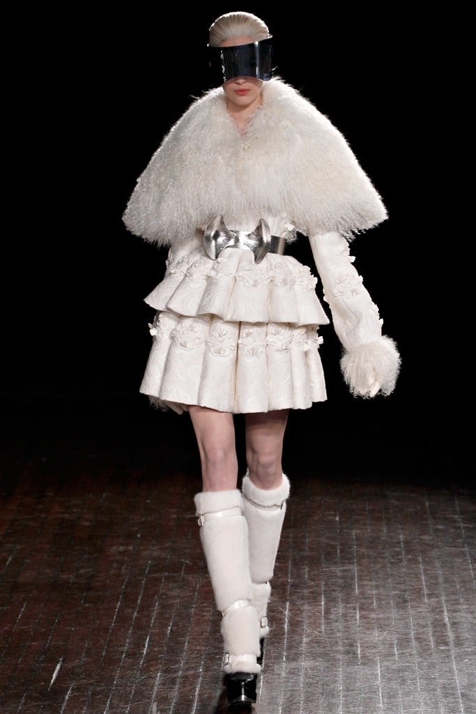 white fur long-sleeve collared fitted pleated layered dress