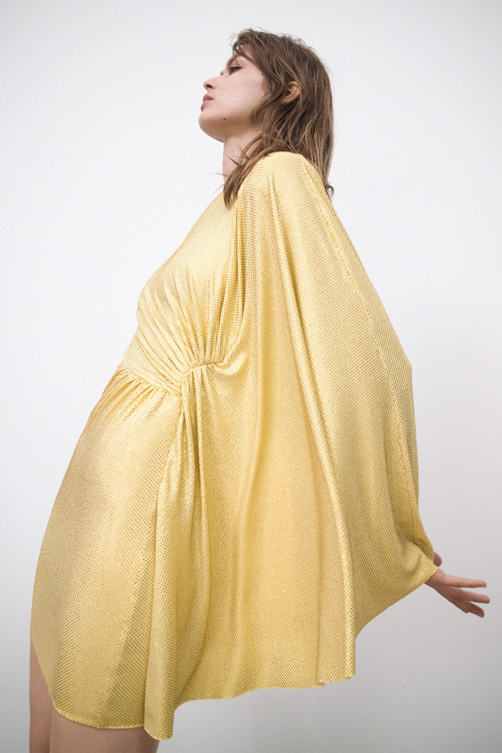 shiny yellow draped mini dress