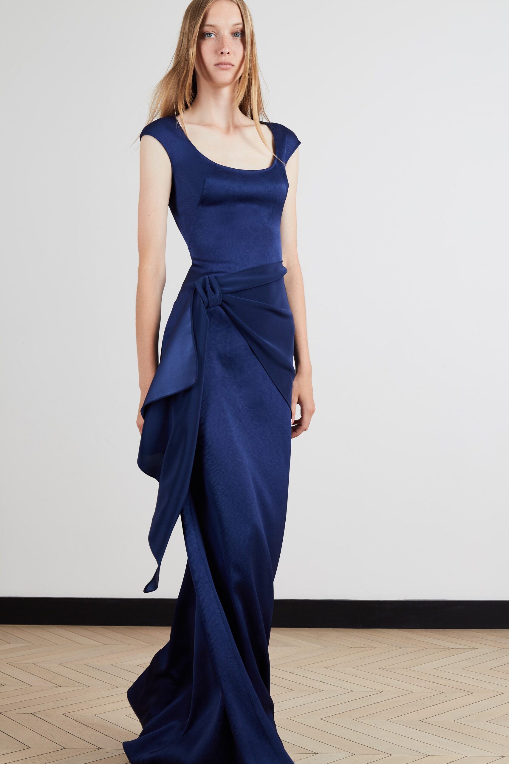 blue silk fitted gown
