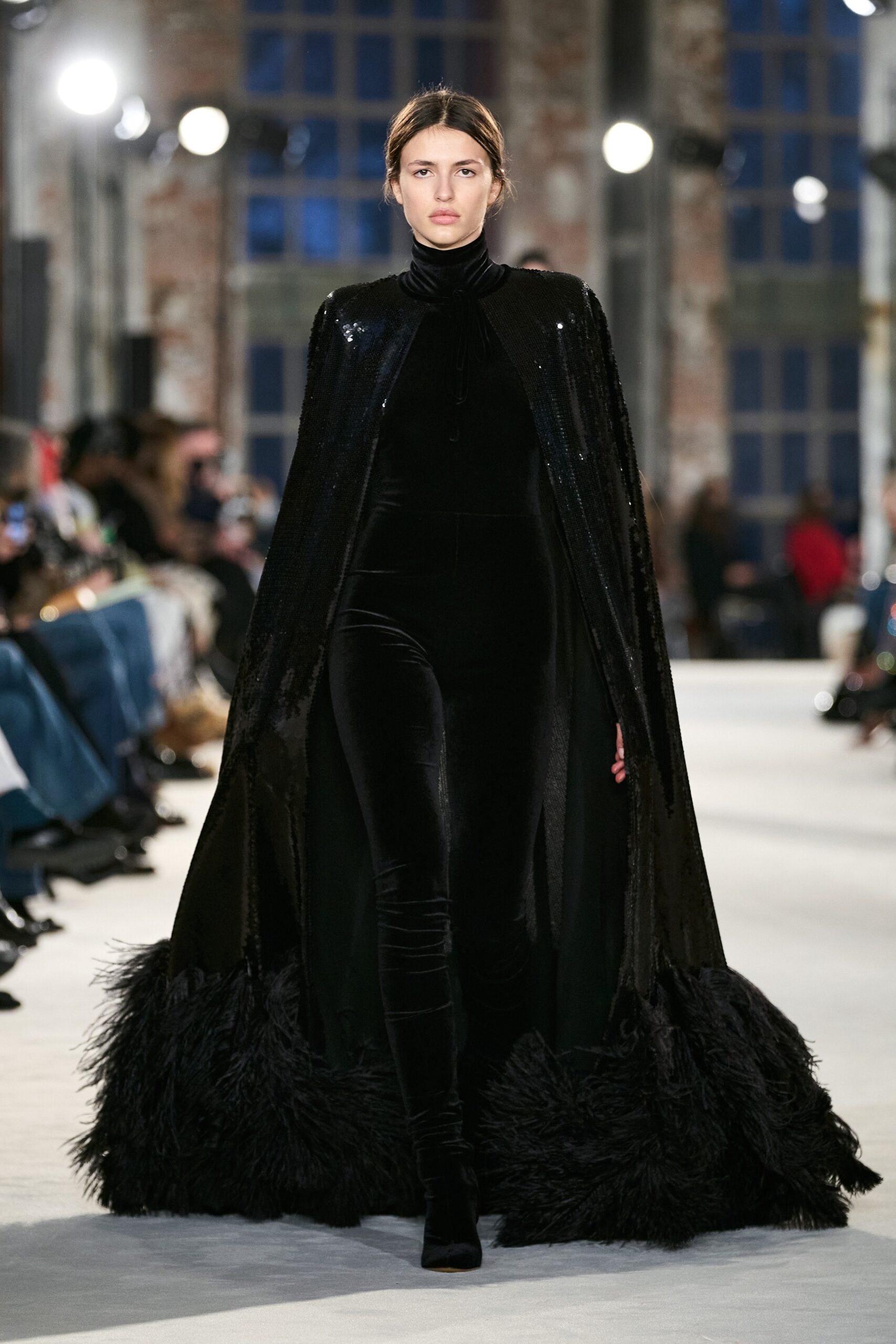 black velvet long-sleeve high-neck fitted draped embellished cape