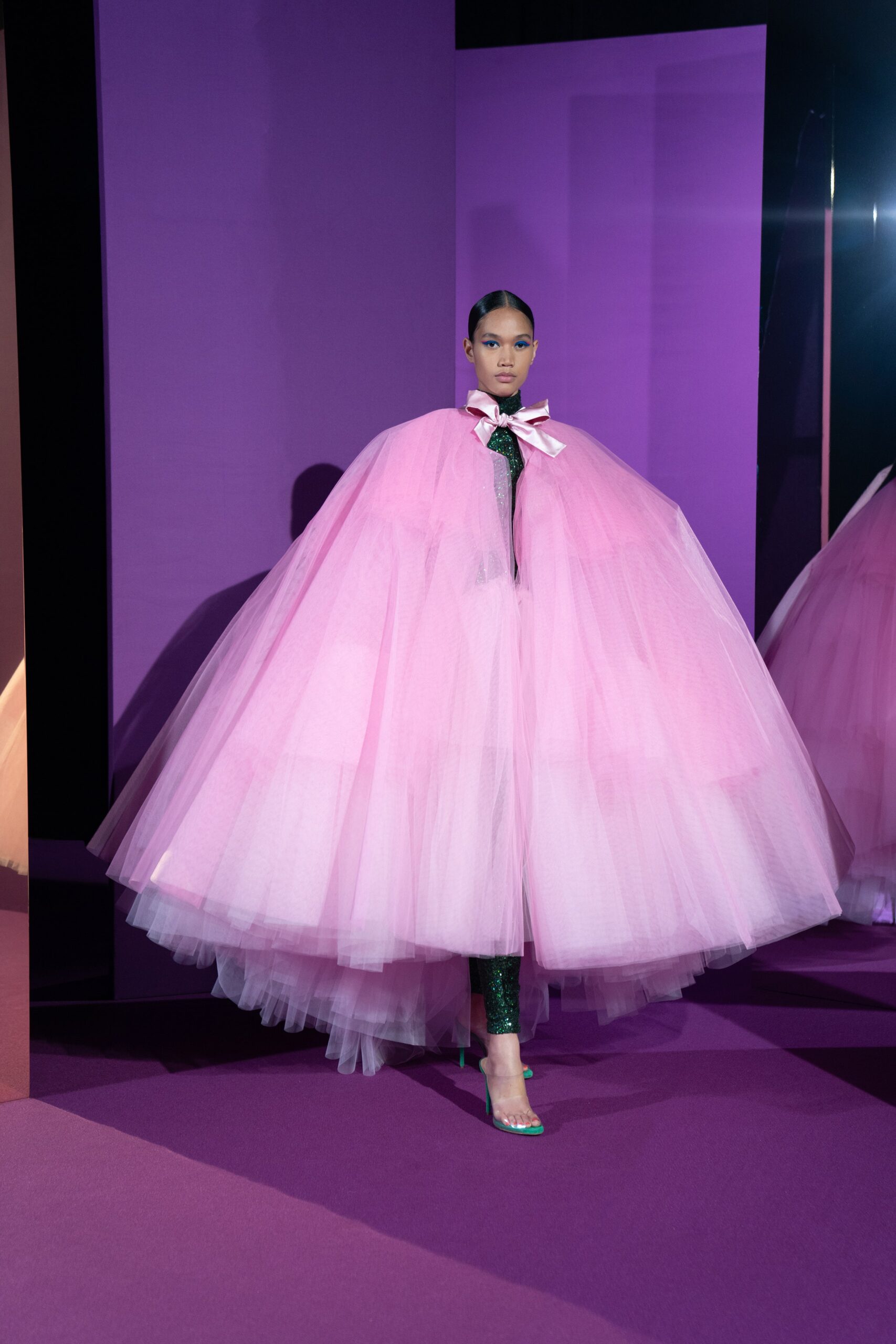 pink tulle sleeveless oversized layered flowing cape