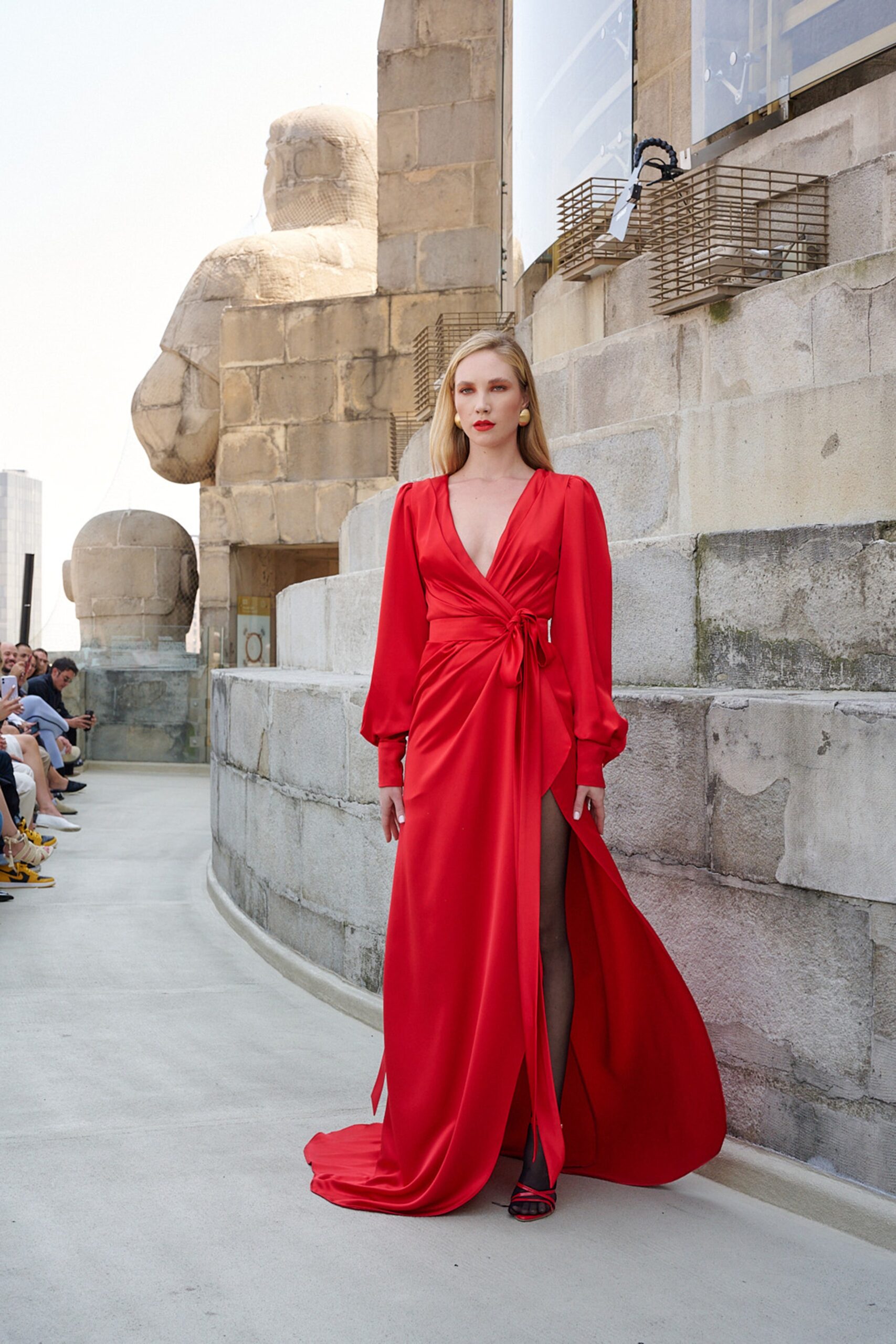 red silk fitted gown