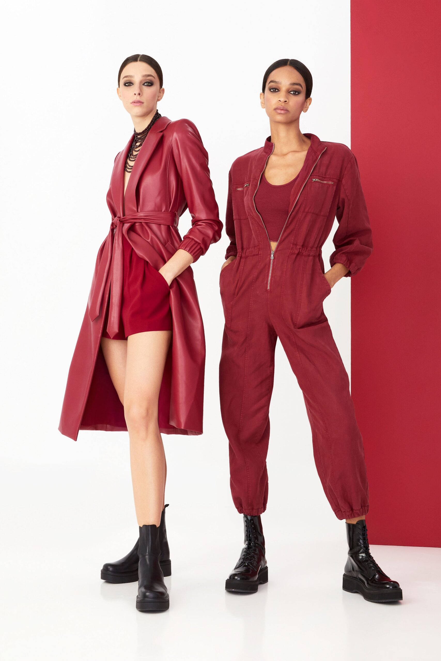 red leather long-sleeve collared fitted belted midi coat