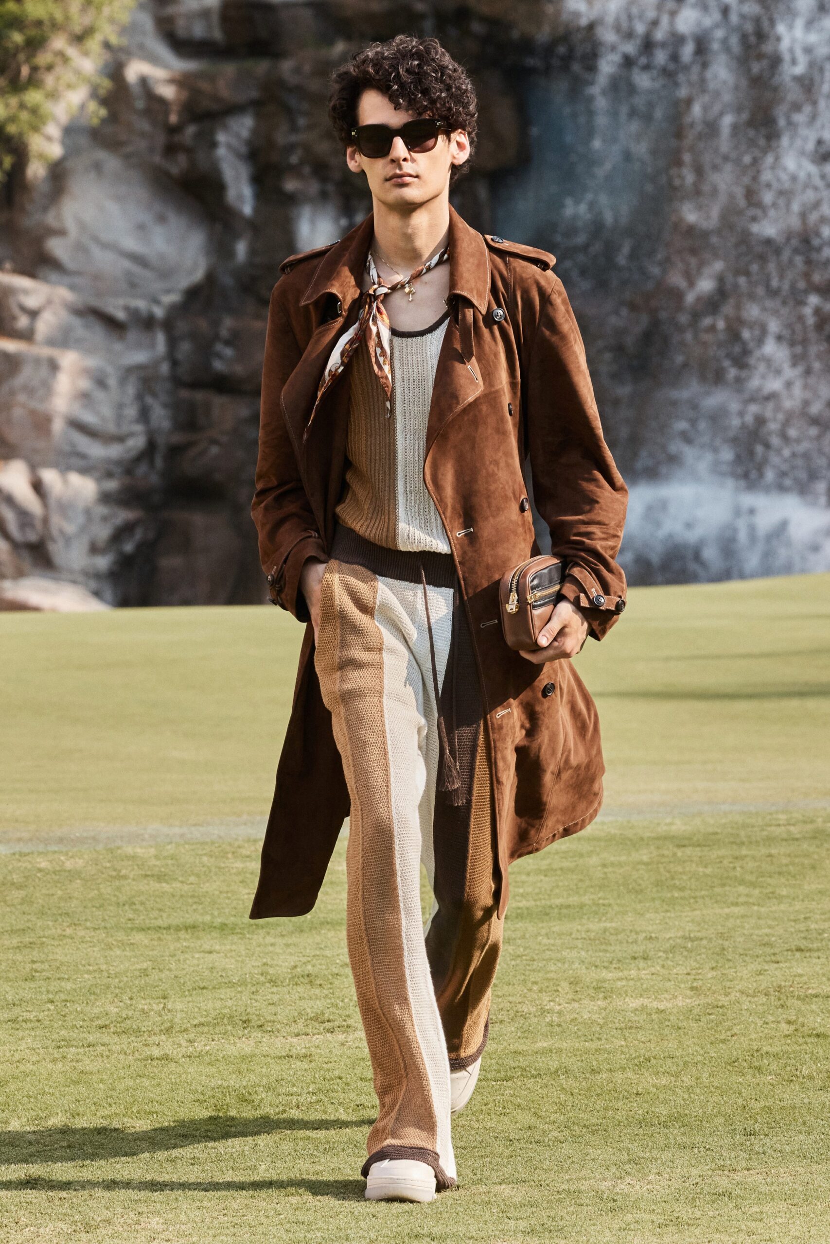 brown suede coat with beige sweater and pants