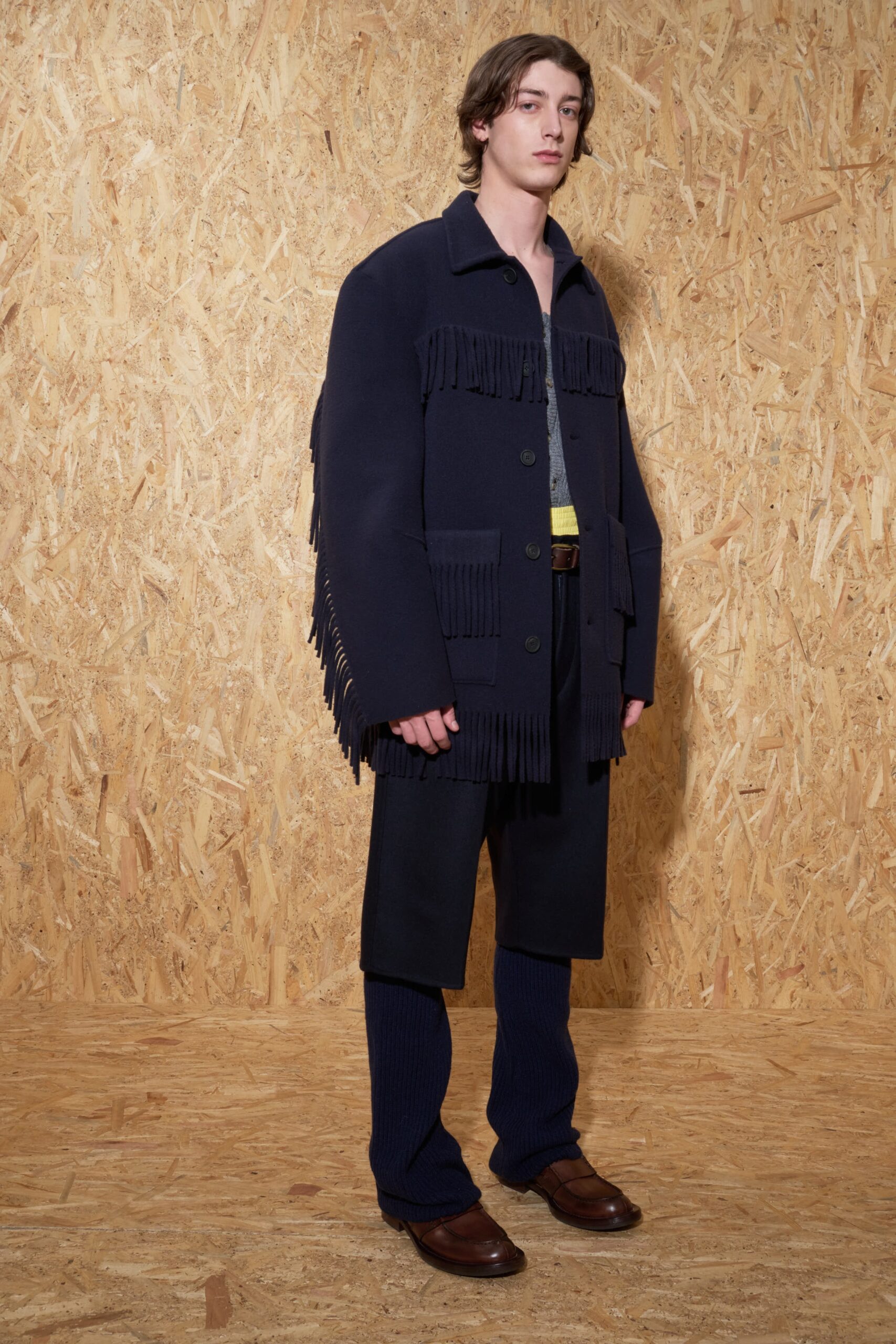 navy wool coat with fringes