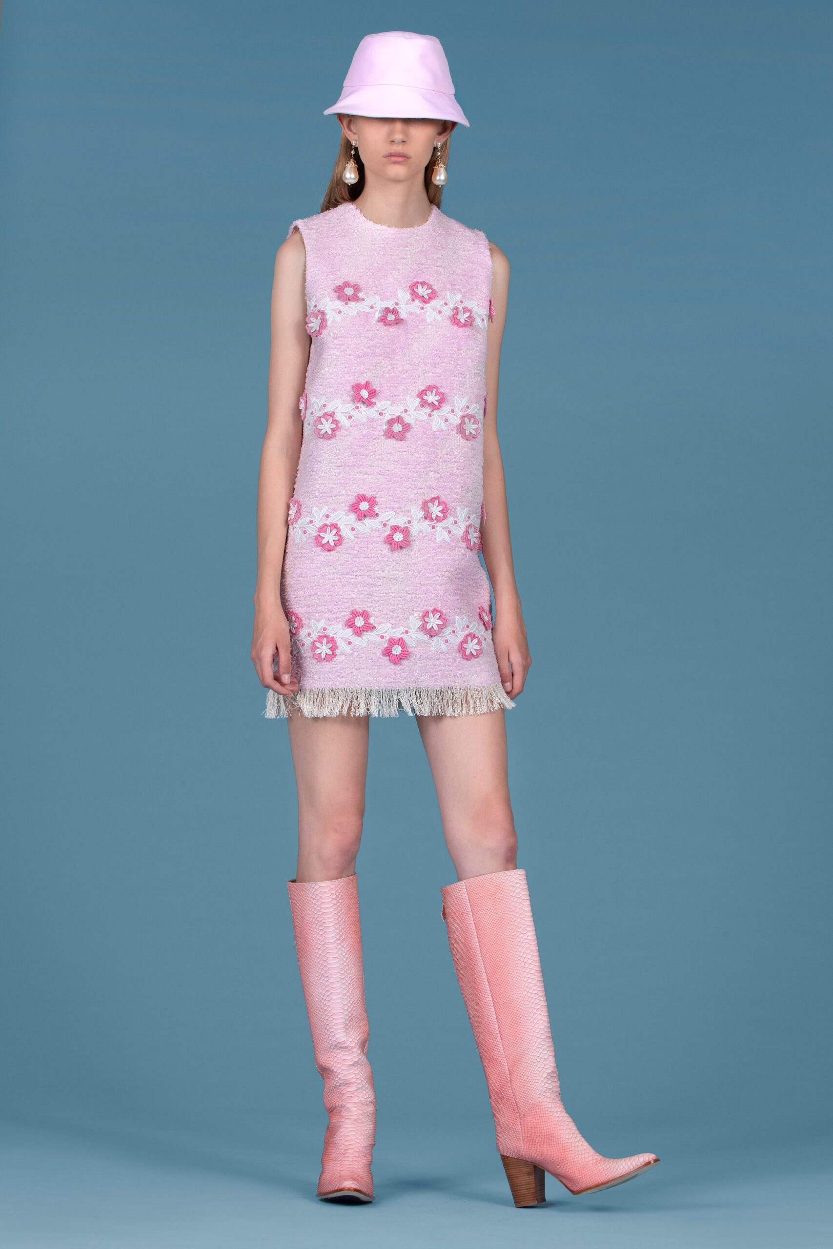 pink embroidered mini dress