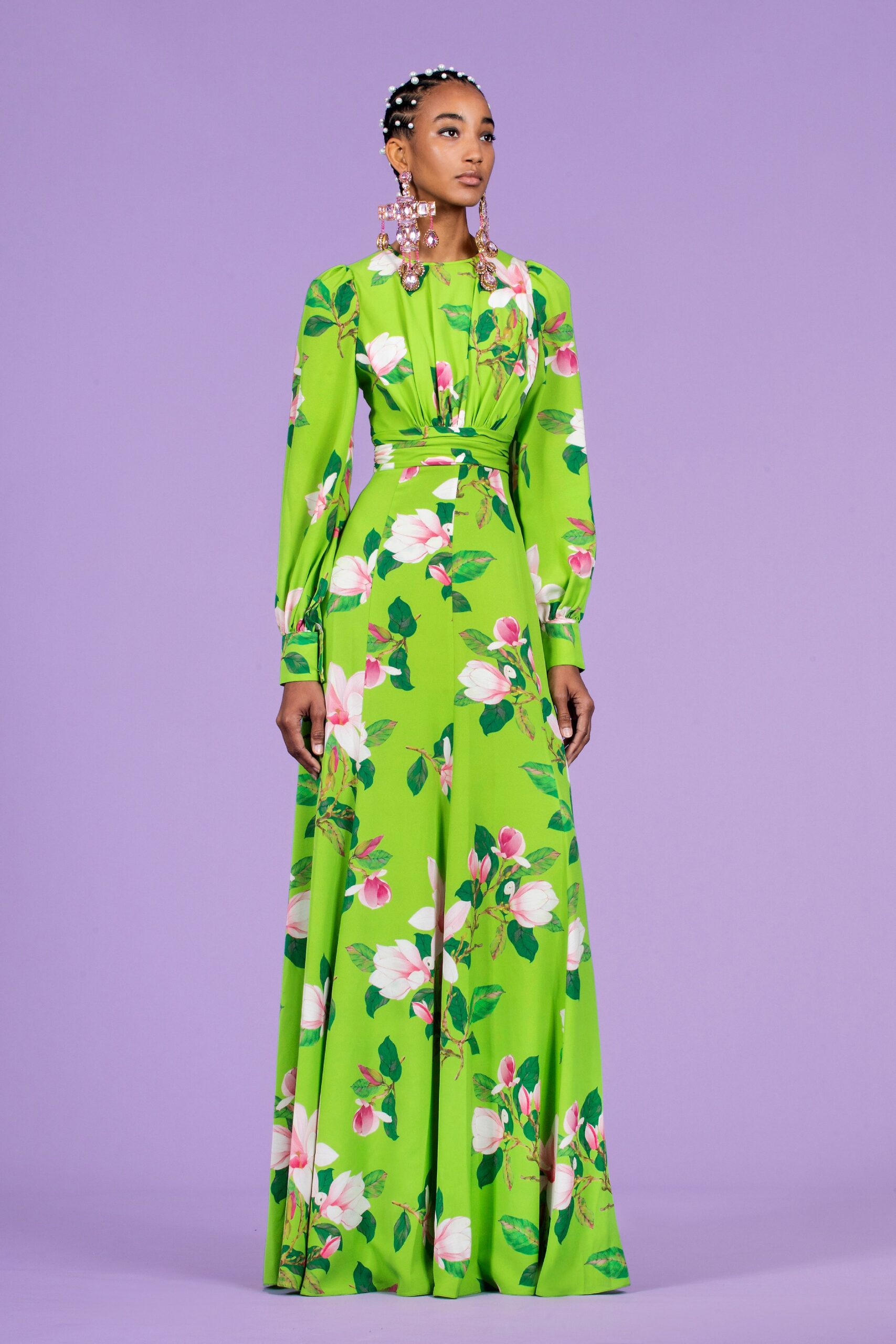green floral long-sleeve gown