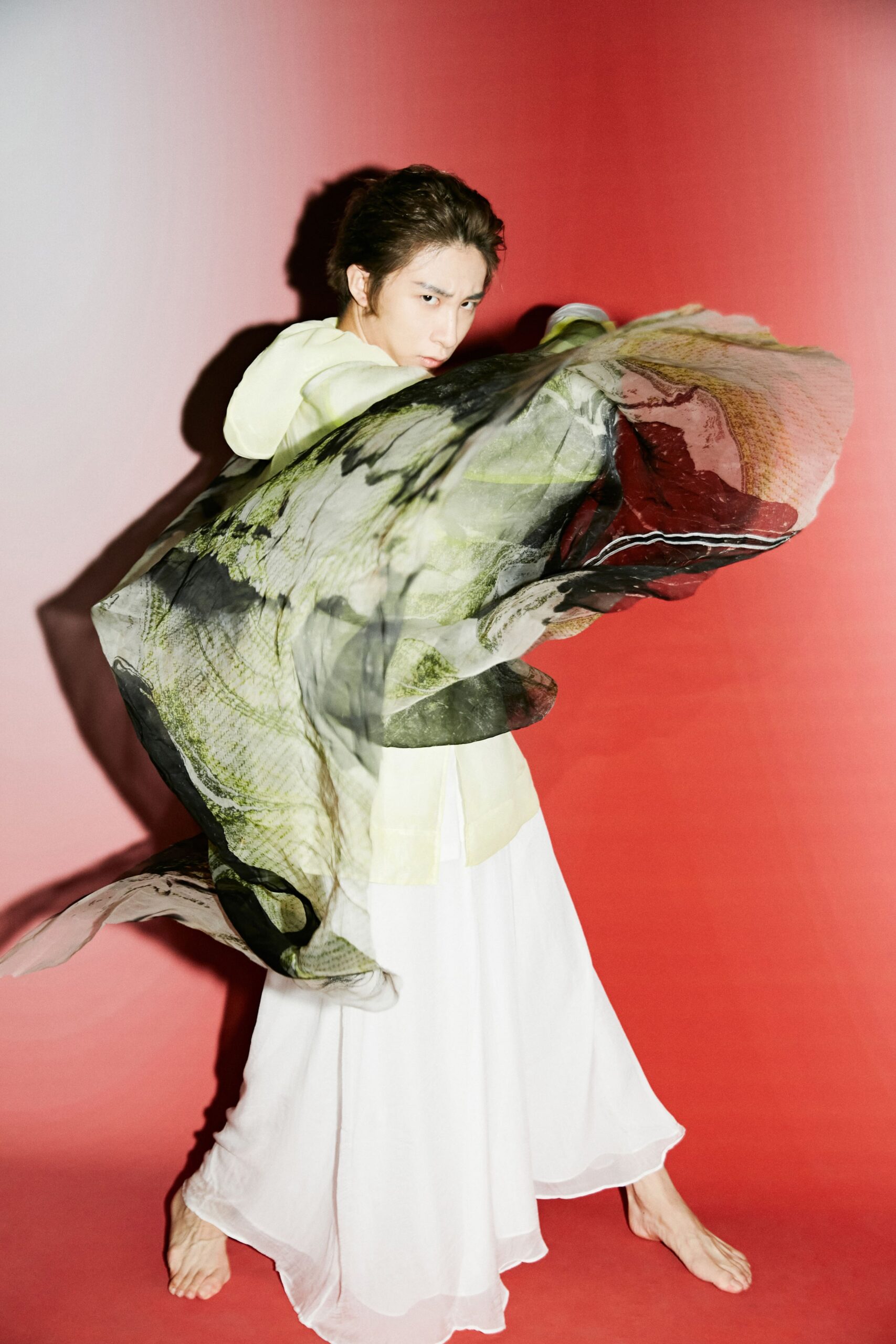 white chiffon maxi dress with green silk cape