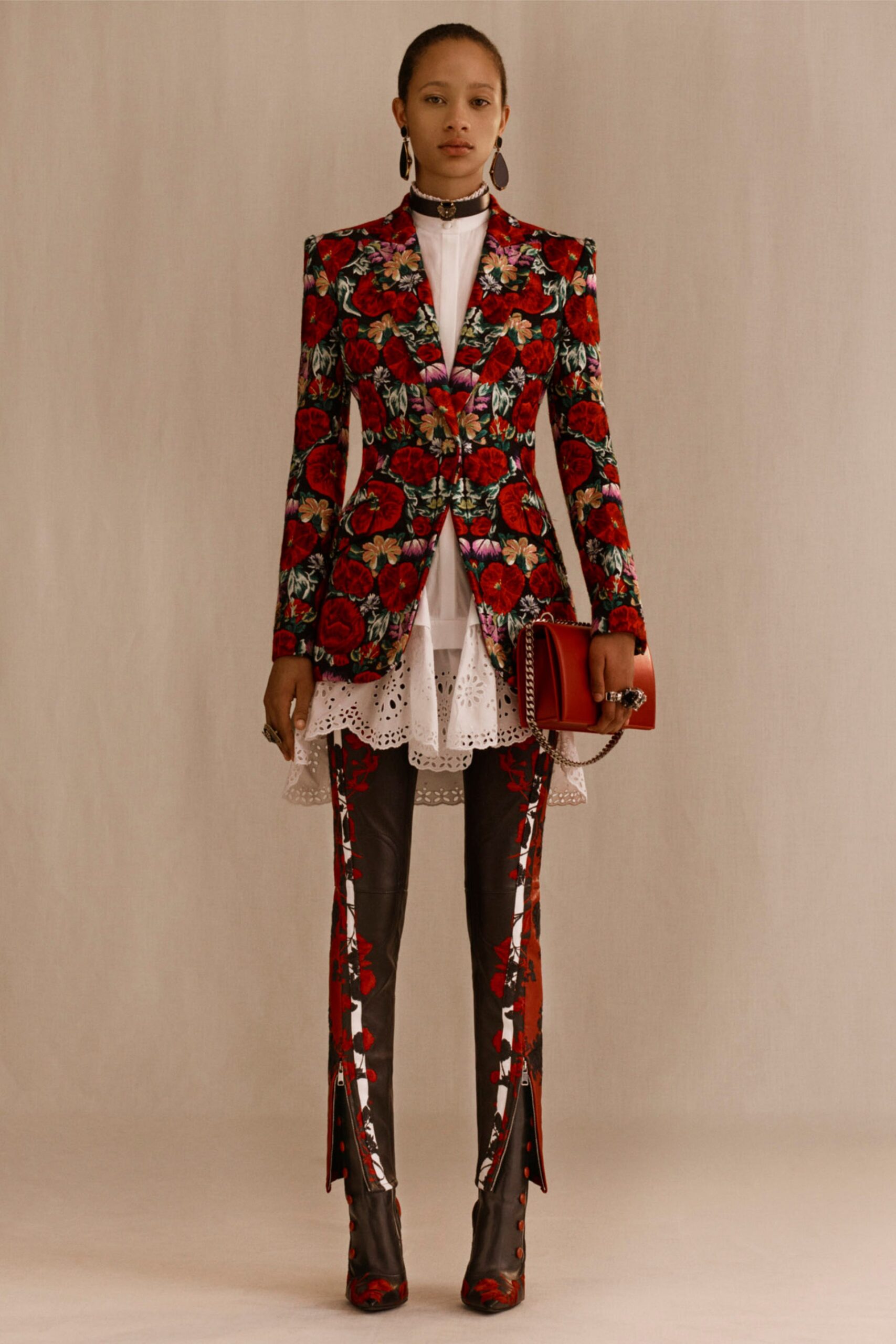 red silk long-sleeve collared tailored floral buttoned blazer