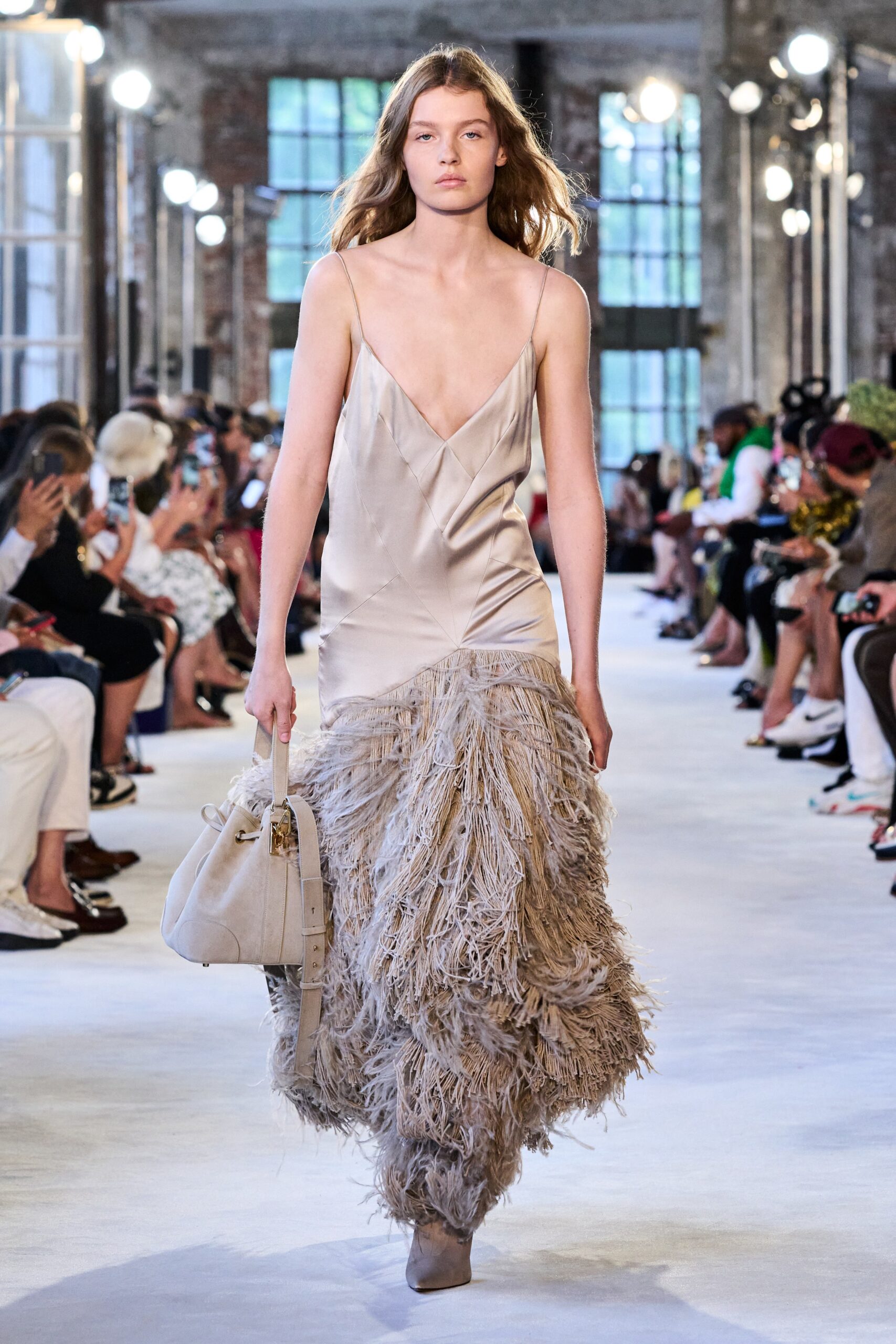 beige silk fringed maxi dress