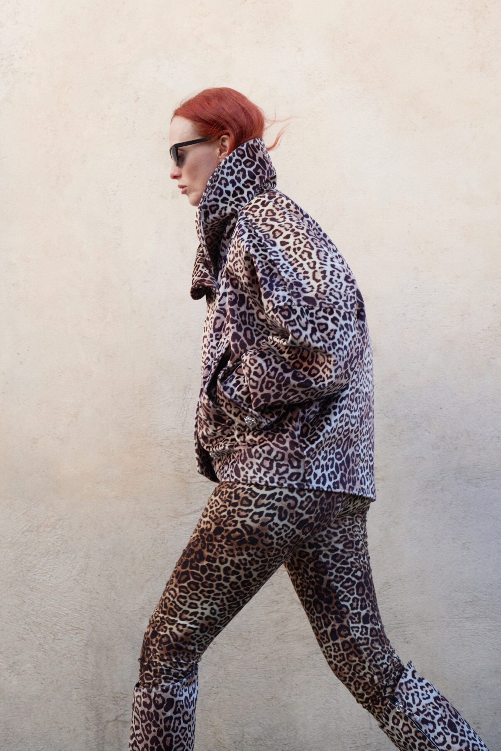 oversized animal-print jacket and fitted pants