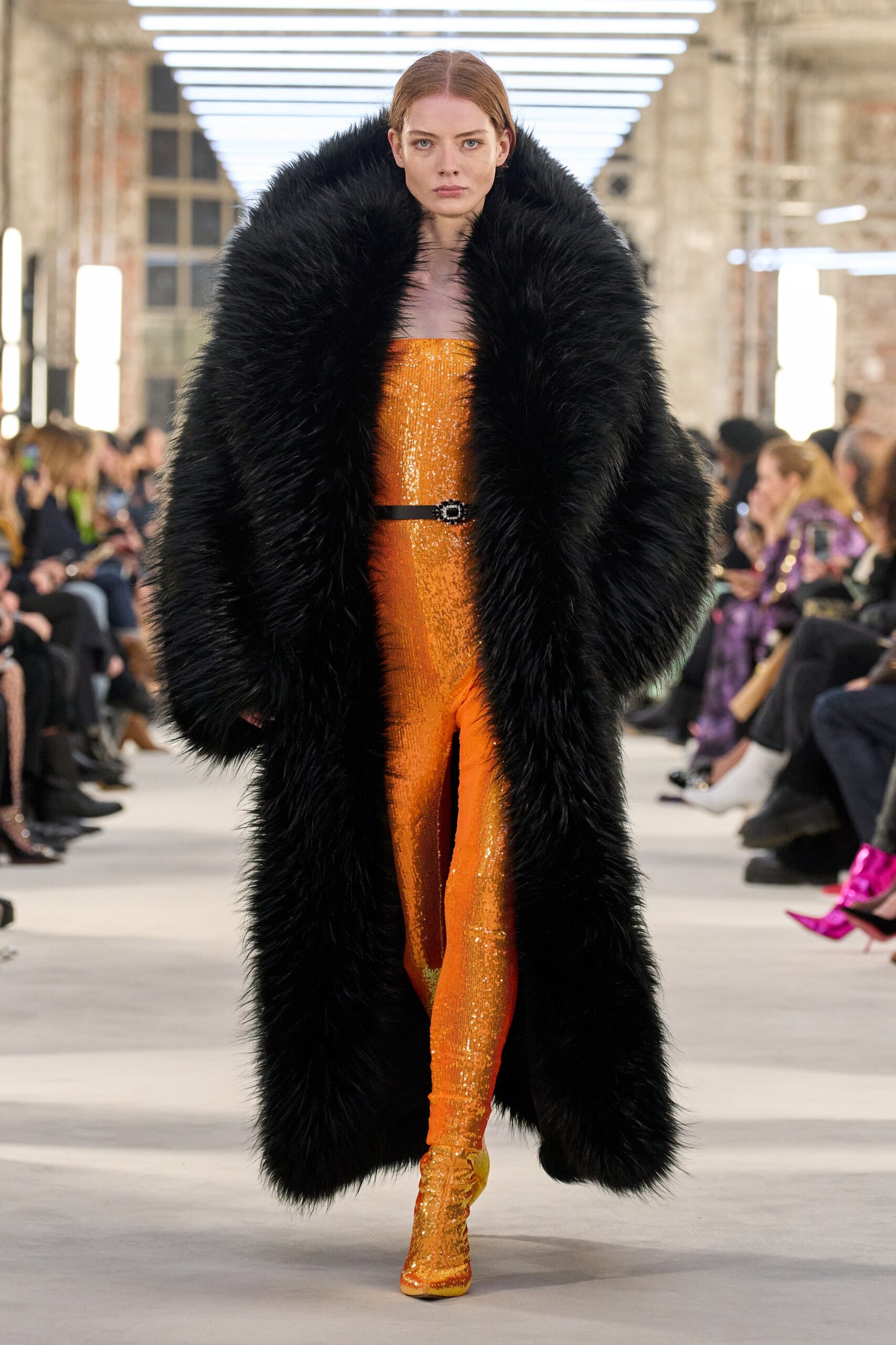 orange sleeveless high-neck fitted sequined shiny jumpsuit