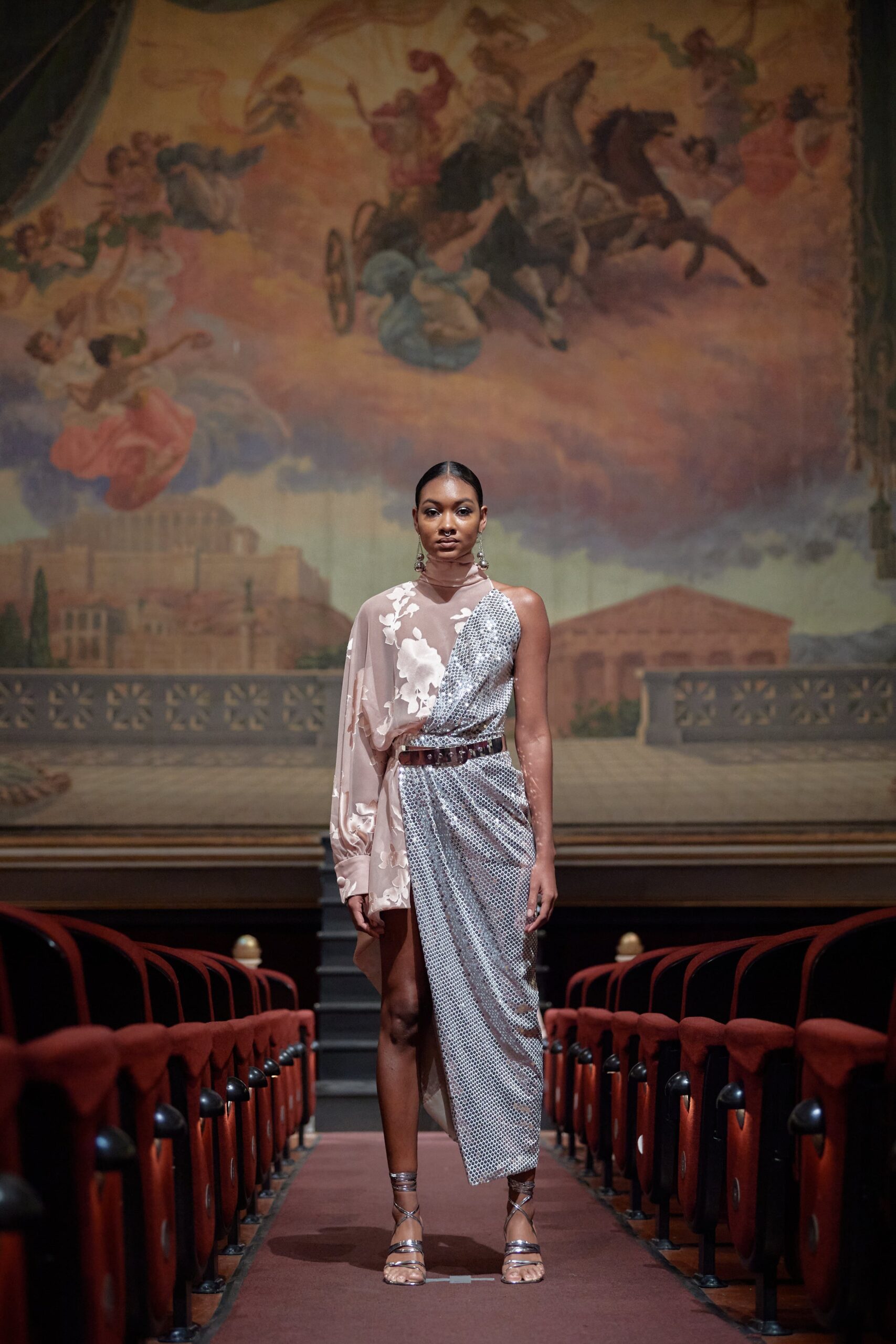 pink and silver asymmetric dress