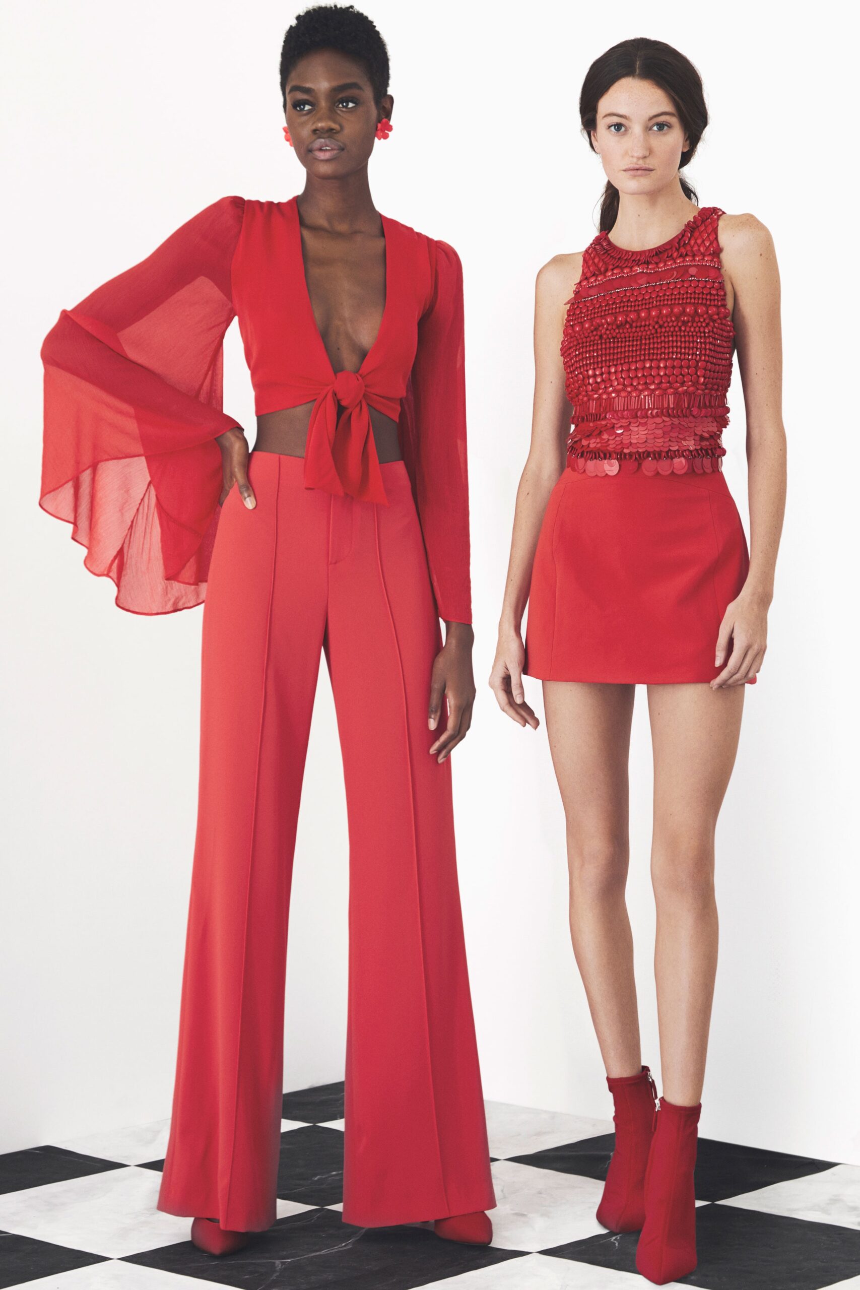 red silk fitted top and pants
