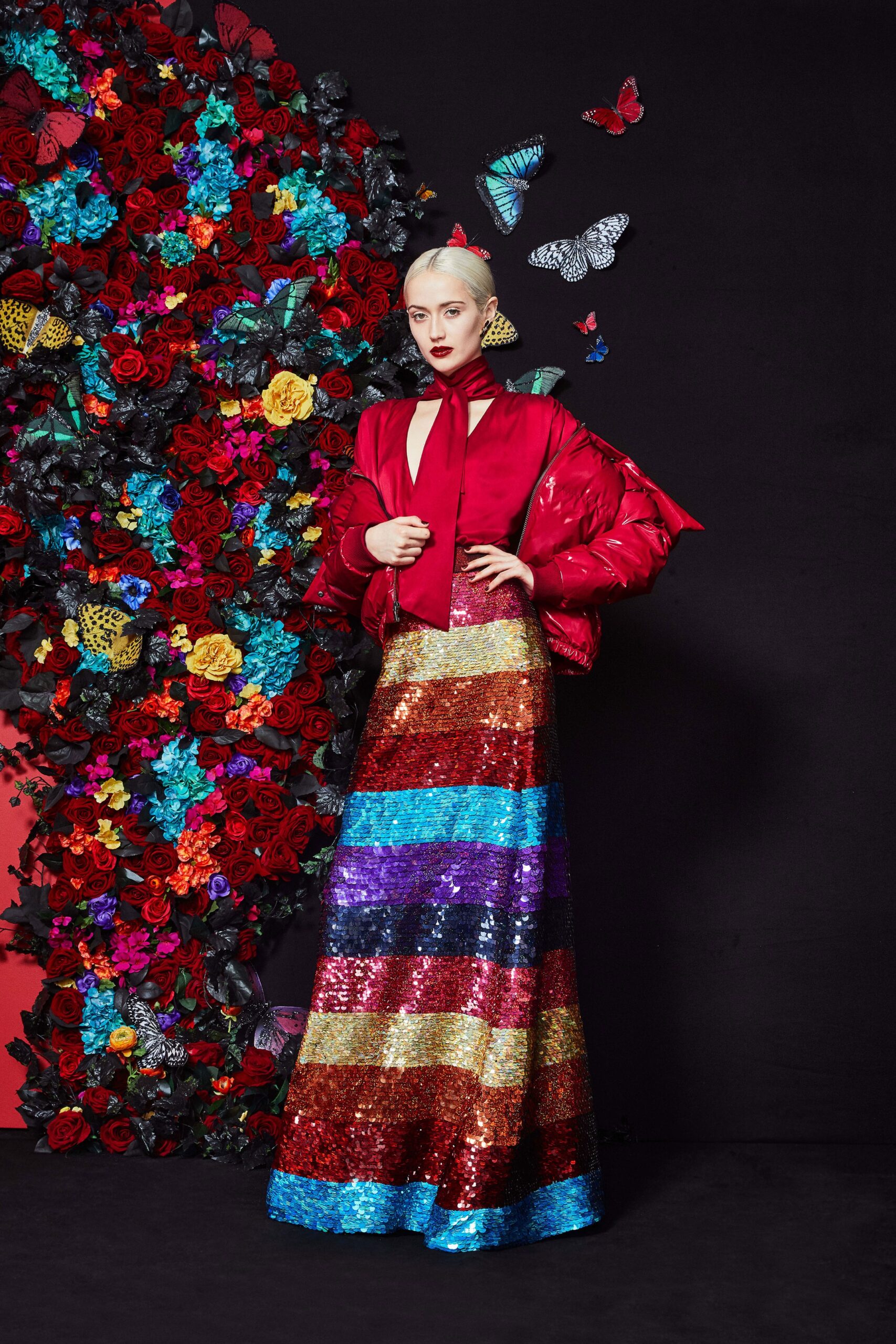 red silk jacket and multi sequin gown